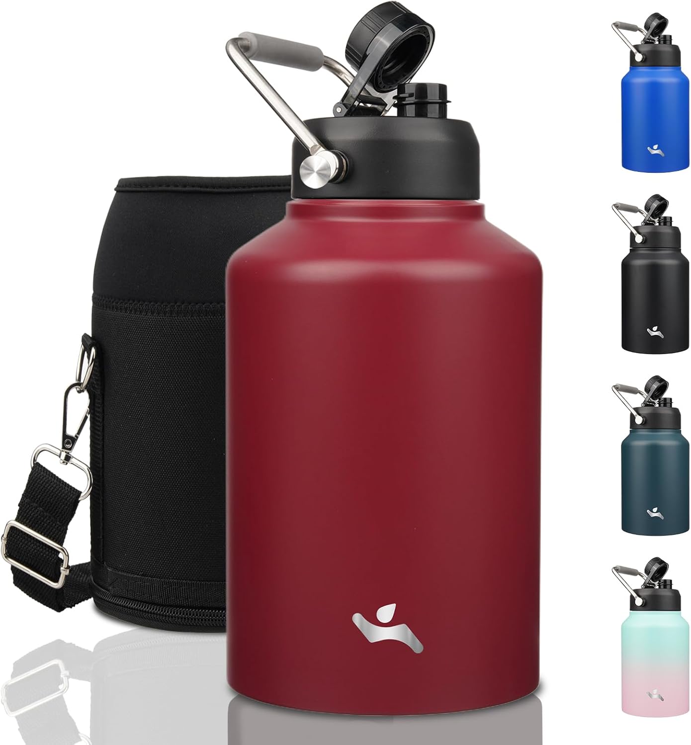 Half Gallon Jug with Handle,64 oz Insulated Water Bottle with Carrying Pouch,Double Wall Vacuum Stainless Steel Metal Bottle,Day Night