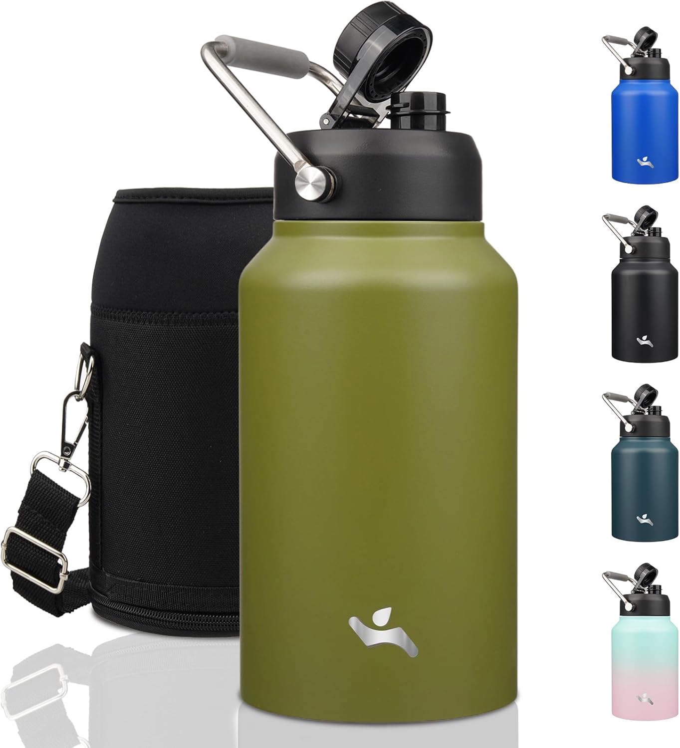 Half Gallon Jug with Handle,64 oz Insulated Water Bottle with Carrying Pouch,Double Wall Vacuum Stainless Steel Metal Bottle,Day Night