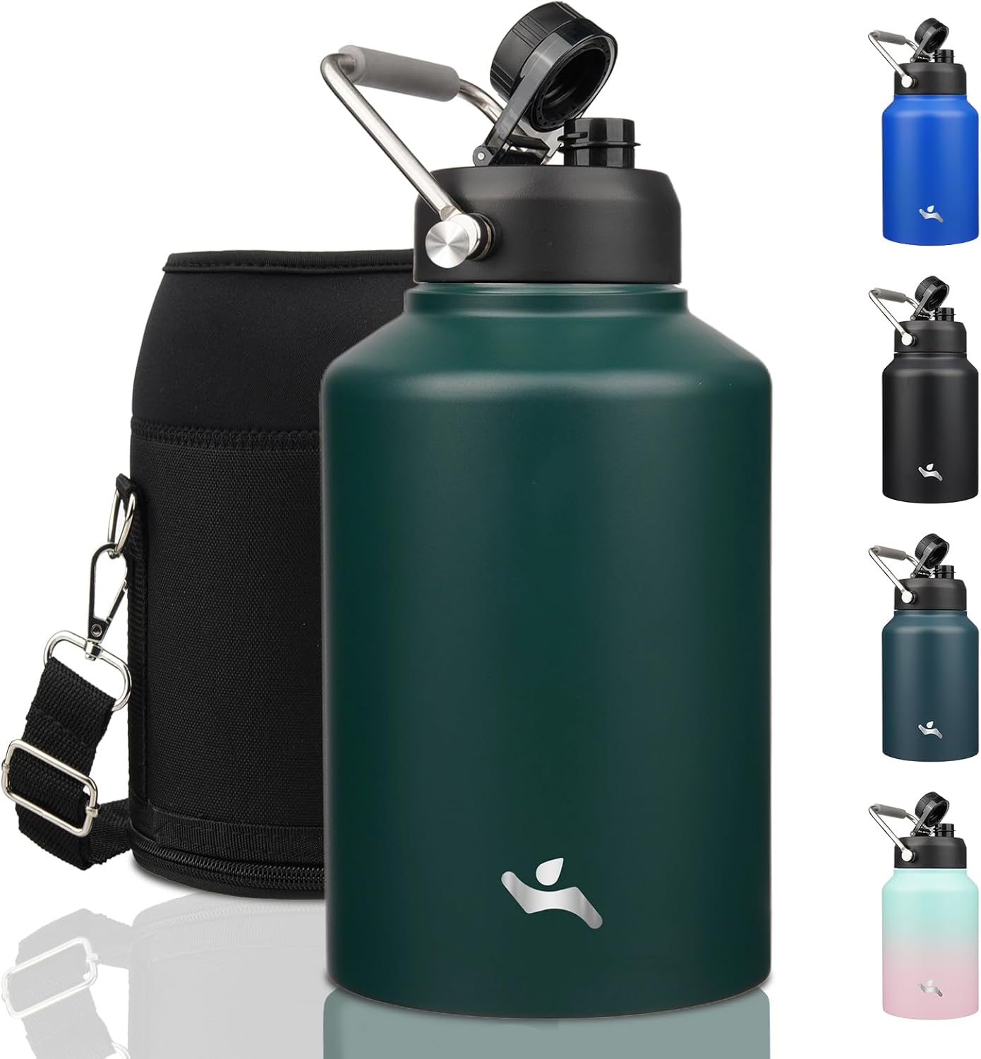 Half Gallon Jug with Handle,64 oz Insulated Water Bottle with Carrying Pouch,Double Wall Vacuum Stainless Steel Metal Bottle,Day Night