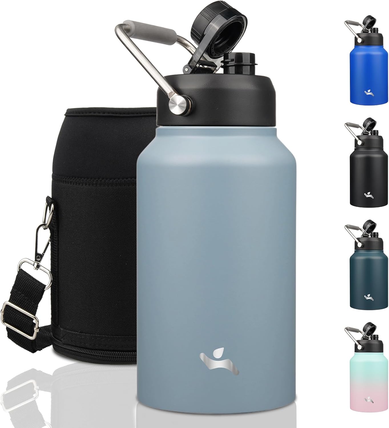 Half Gallon Jug with Handle,64 oz Insulated Water Bottle with Carrying Pouch,Double Wall Vacuum Stainless Steel Metal Bottle,Day Night