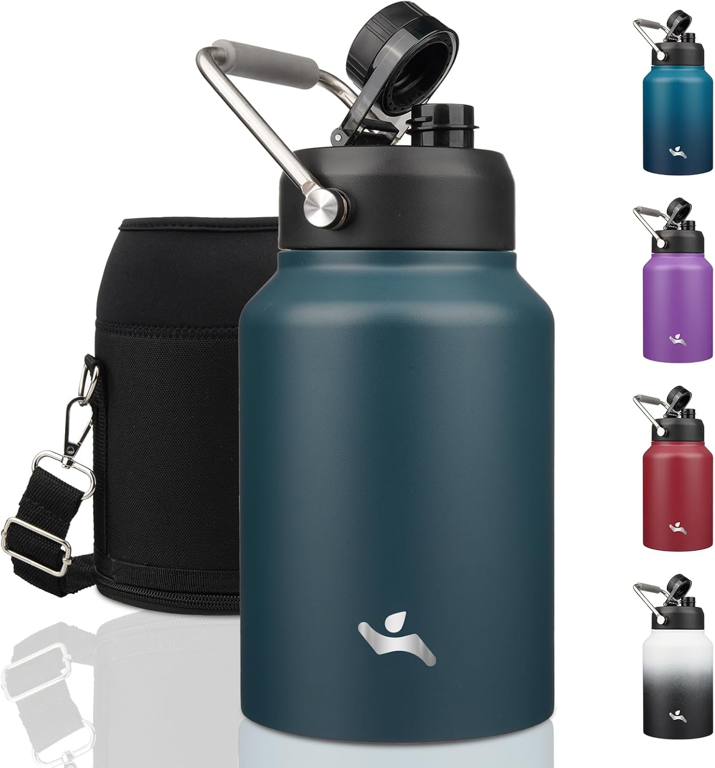 Half Gallon Jug with Handle,64 oz Insulated Water Bottle with Carrying Pouch,Double Wall Vacuum Stainless Steel Metal Bottle,Day Night