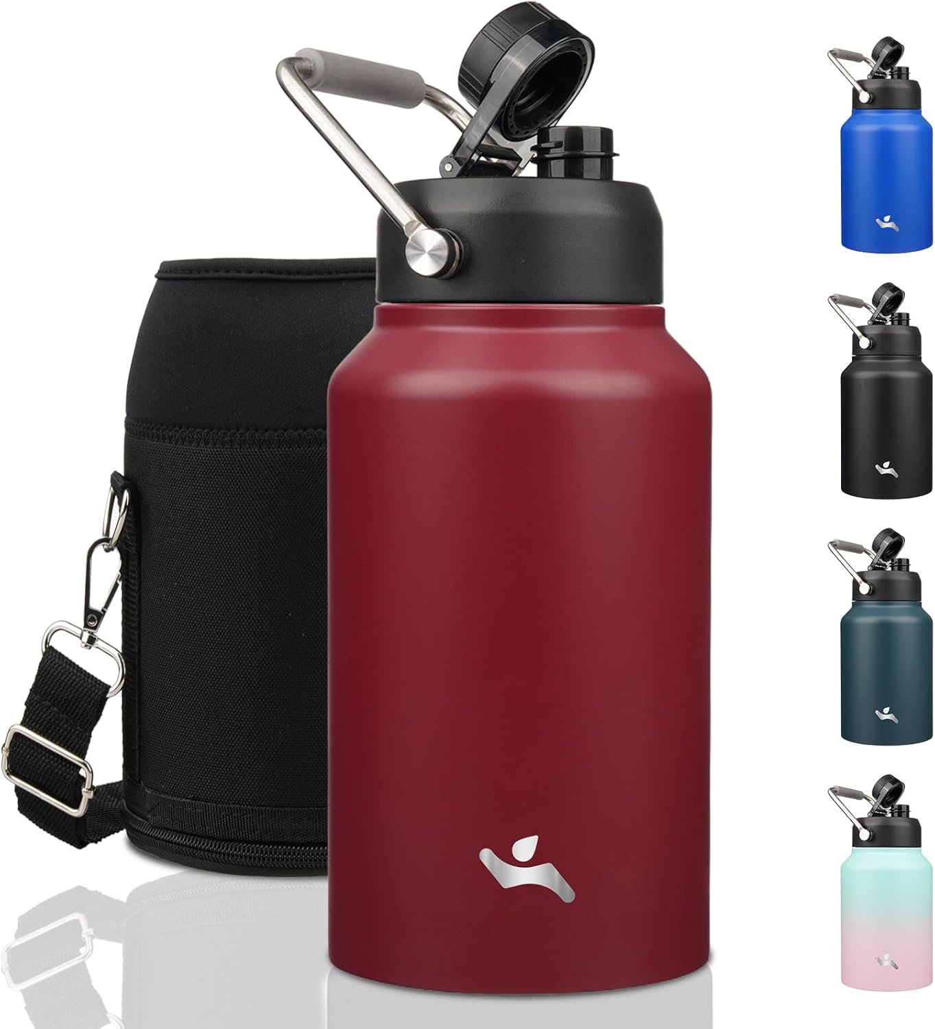 Half Gallon Jug with Handle,64 oz Insulated Water Bottle with Carrying Pouch,Double Wall Vacuum Stainless Steel Metal Bottle,Day Night