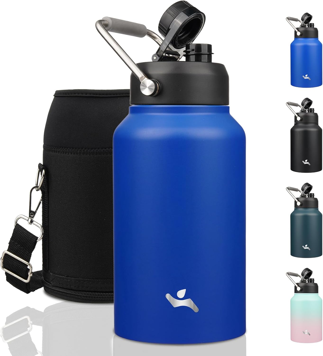 Half Gallon Jug with Handle,64 oz Insulated Water Bottle with Carrying Pouch,Double Wall Vacuum Stainless Steel Metal Bottle,Day Night