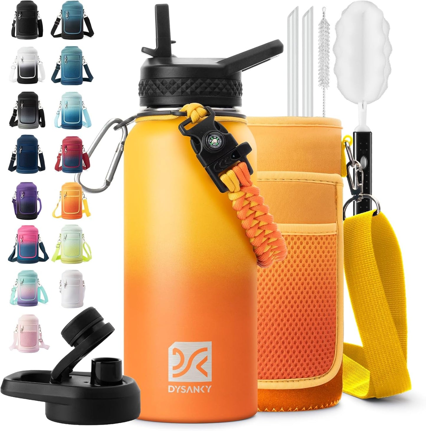 Insulated Water Bottle | Thickened Stainless Steel Vacuum Metal | Portable Sports Half Gallon Large Water Jug for Gym and Hiking with Straw, Carrier Bag, Handle Strap | BPA-Free 64 oz