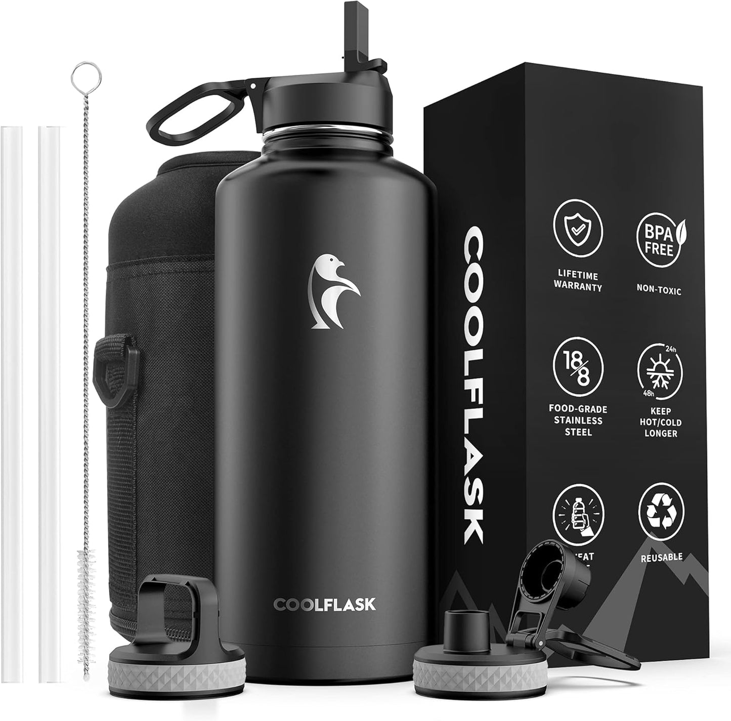 Half Gallon Water Bottle Insulated with Straw & 3 Lids, Coolflask 64 oz Water Jug Large Metal Stainless Steel Wide Mouth for Sports, Gym or Office, Non-BPA Keep Cold 48H Hot 24H, Samurai Cyan