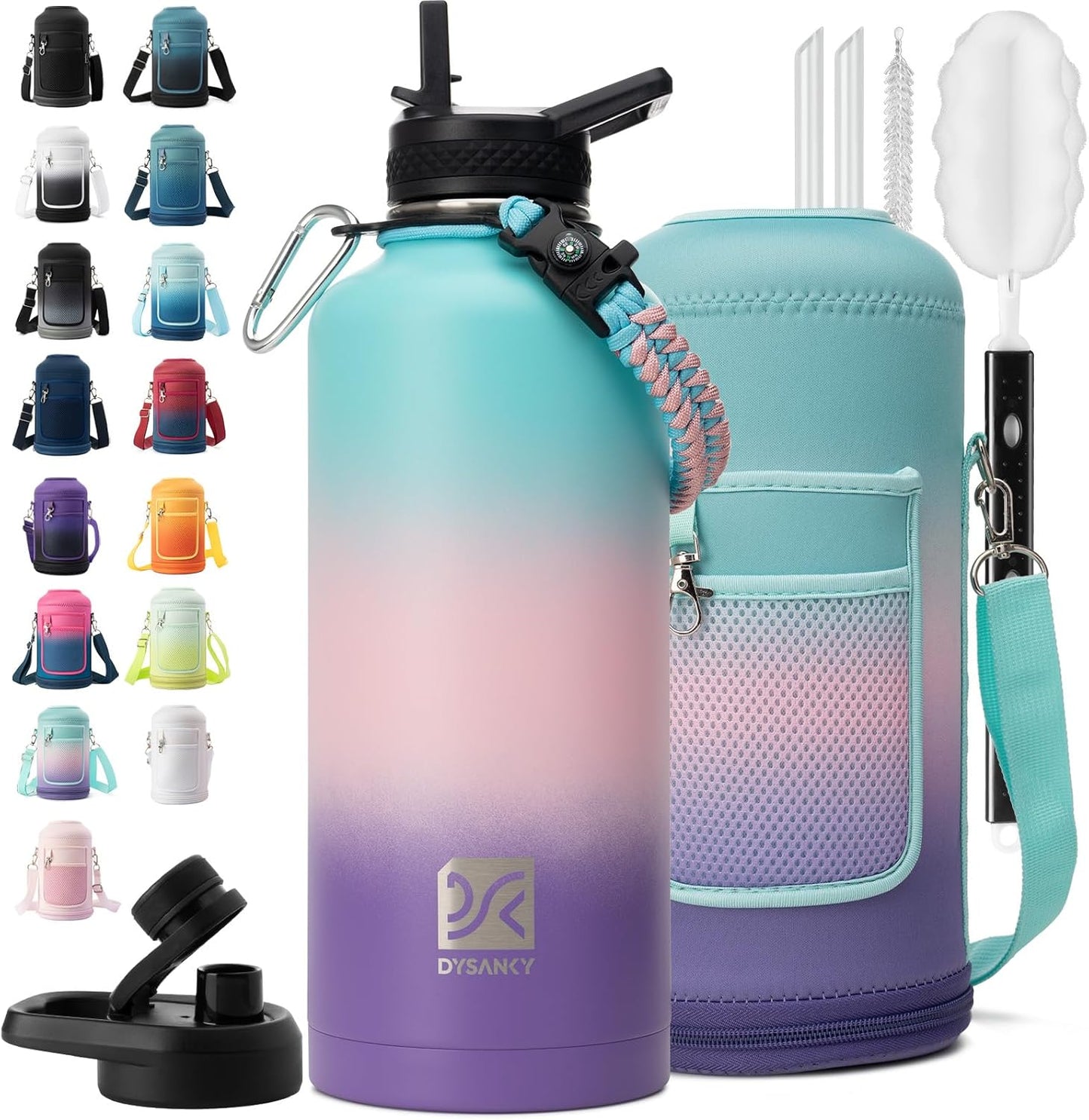 Insulated Water Bottle | Thickened Stainless Steel Vacuum Metal | Portable Sports Half Gallon Large Water Jug for Gym and Hiking with Straw, Carrier Bag, Handle Strap | BPA-Free 64 oz