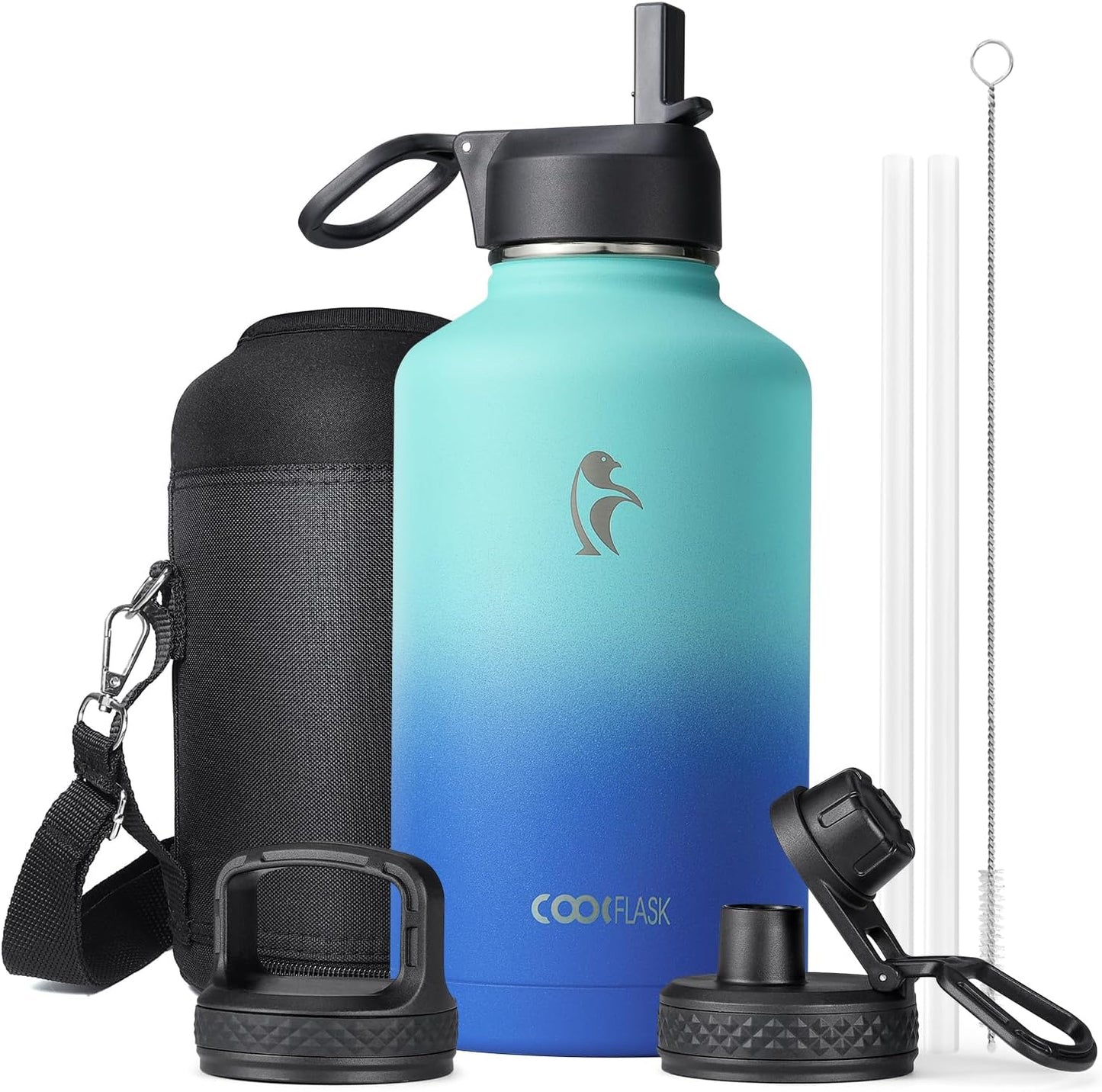 Half Gallon Water Bottle Insulated with Straw & 3 Lids, Coolflask 64 oz Water Jug Large Metal Stainless Steel Wide Mouth for Sports, Gym or Office, Non-BPA Keep Cold 48H Hot 24H, Samurai Cyan