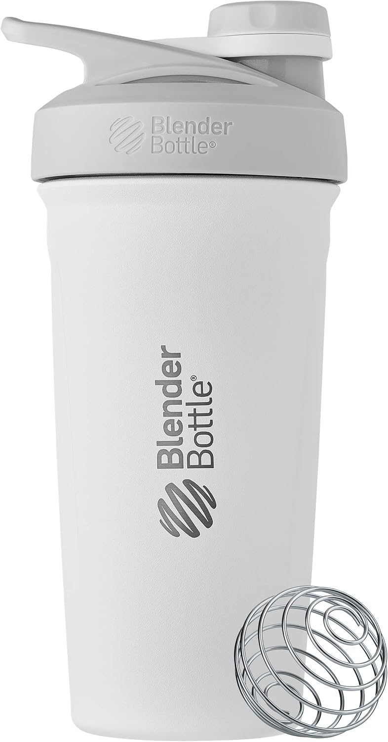 BlenderBottle Strada Shaker Cup Insulated Stainless Steel Water Bottle with Wire Whisk, 24-Ounce, Black