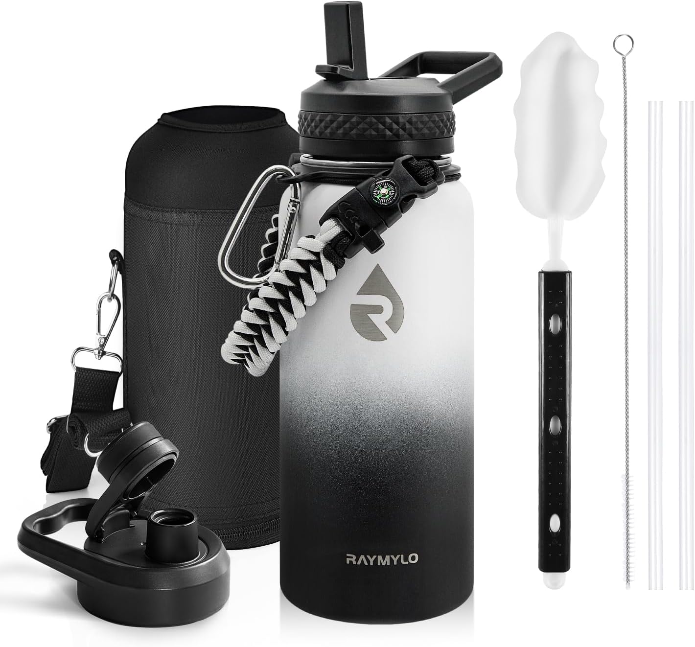 Insulated Water Bottle 40 oz, Triple Wall Vacuum Stainless Steel (Cold for 48 Hrs), Leak Proof & Non-BPA, Modern Water Flask Jug with Paracord Handle & Straw Spout Lids, Indigo/Black