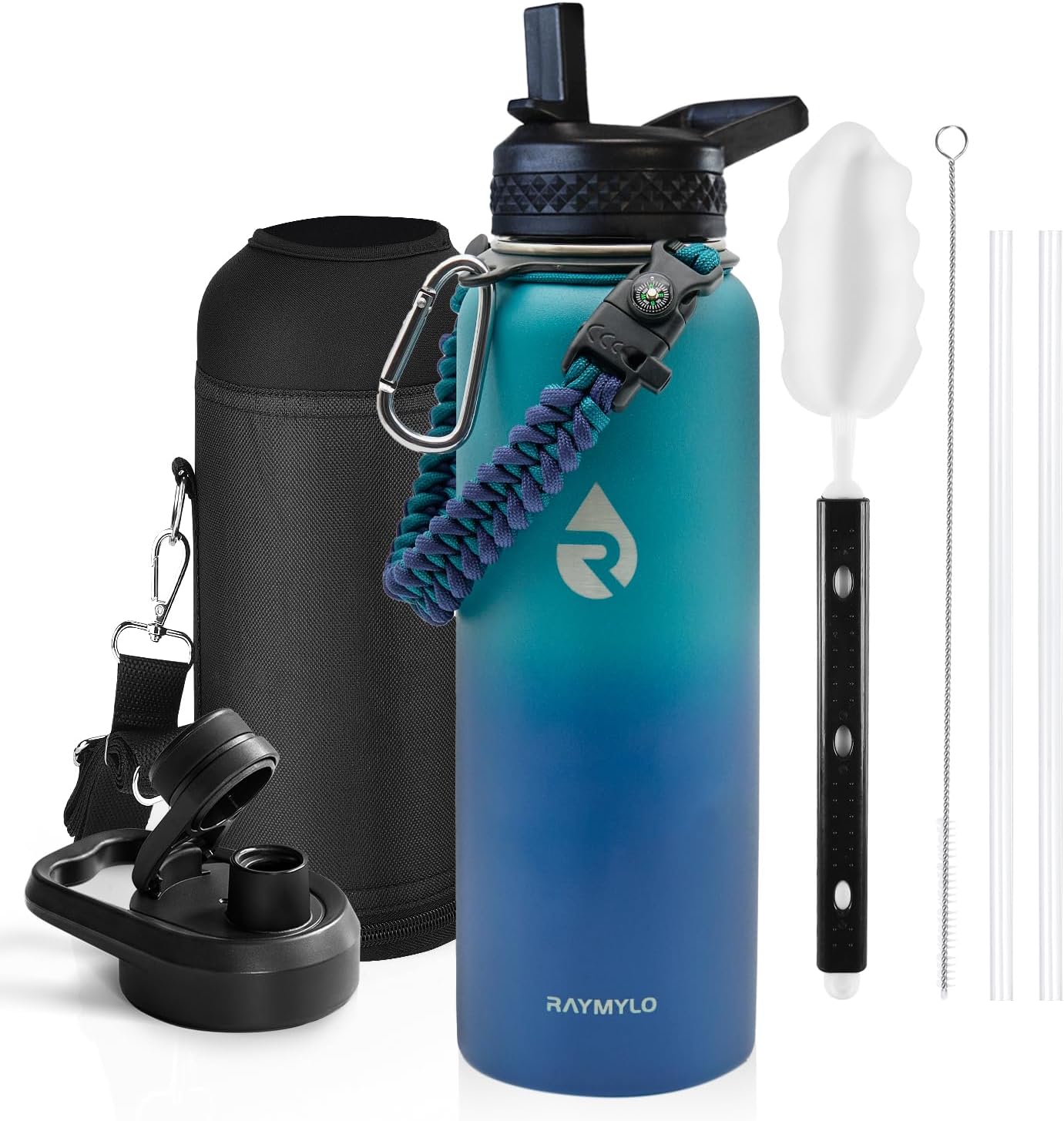 Insulated Water Bottle 40 oz, Triple Wall Vacuum Stainless Steel (Cold for 48 Hrs), Leak Proof & Non-BPA, Modern Water Flask Jug with Paracord Handle & Straw Spout Lids, Indigo/Black