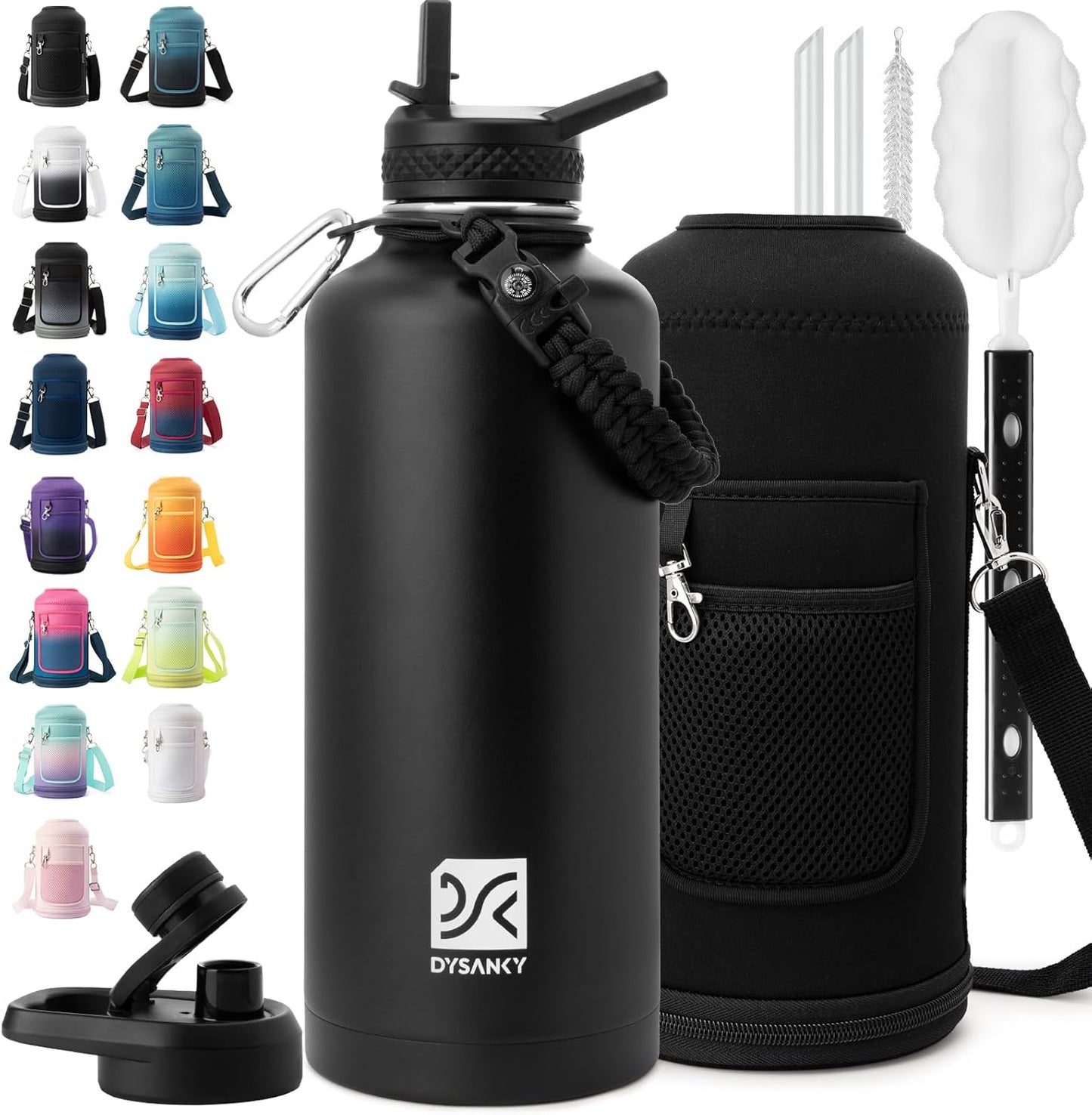 Insulated Water Bottle | Thickened Stainless Steel Vacuum Metal | Portable Sports Half Gallon Large Water Jug for Gym and Hiking with Straw, Carrier Bag, Handle Strap | BPA-Free 64 oz