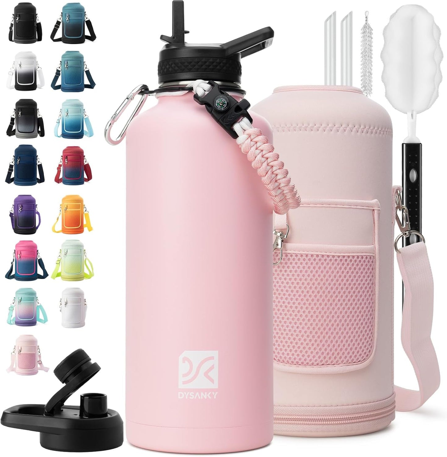 Insulated Water Bottle | Thickened Stainless Steel Vacuum Metal | Portable Sports Half Gallon Large Water Jug for Gym and Hiking with Straw, Carrier Bag, Handle Strap | BPA-Free 64 oz