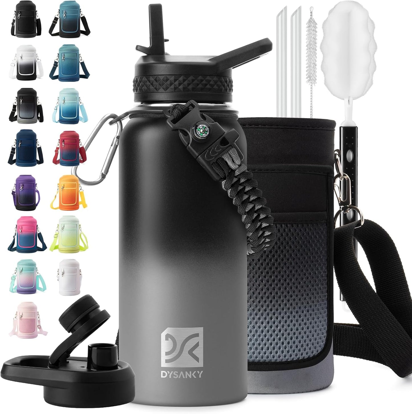 Insulated Water Bottle | Thickened Stainless Steel Vacuum Metal | Portable Sports Half Gallon Large Water Jug for Gym and Hiking with Straw, Carrier Bag, Handle Strap | BPA-Free 64 oz