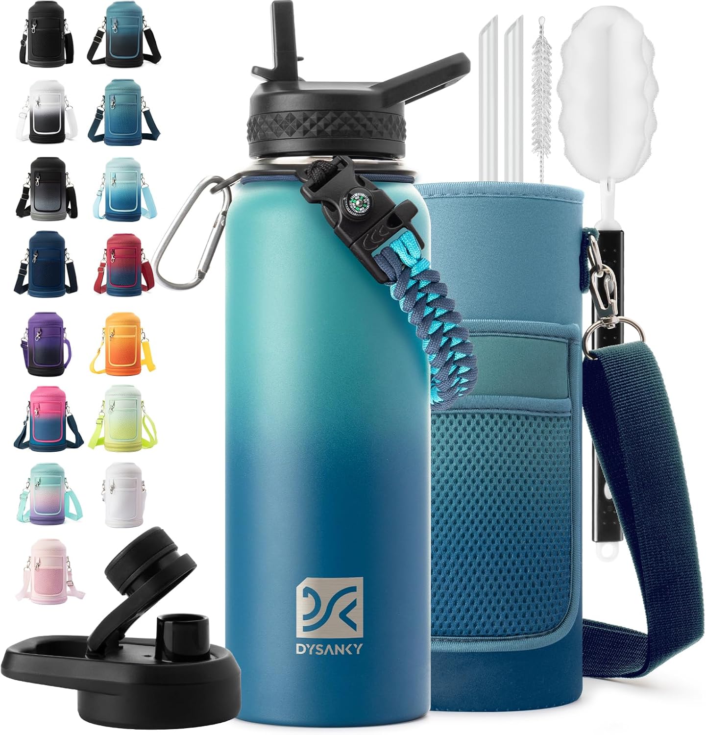 Insulated Water Bottle | Thickened Stainless Steel Vacuum Metal | Portable Sports Half Gallon Large Water Jug for Gym and Hiking with Straw, Carrier Bag, Handle Strap | BPA-Free 64 oz