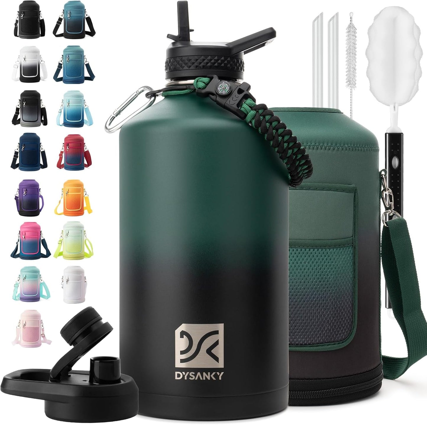Insulated Water Bottle | Thickened Stainless Steel Vacuum Metal | Portable Sports Half Gallon Large Water Jug for Gym and Hiking with Straw, Carrier Bag, Handle Strap | BPA-Free 64 oz