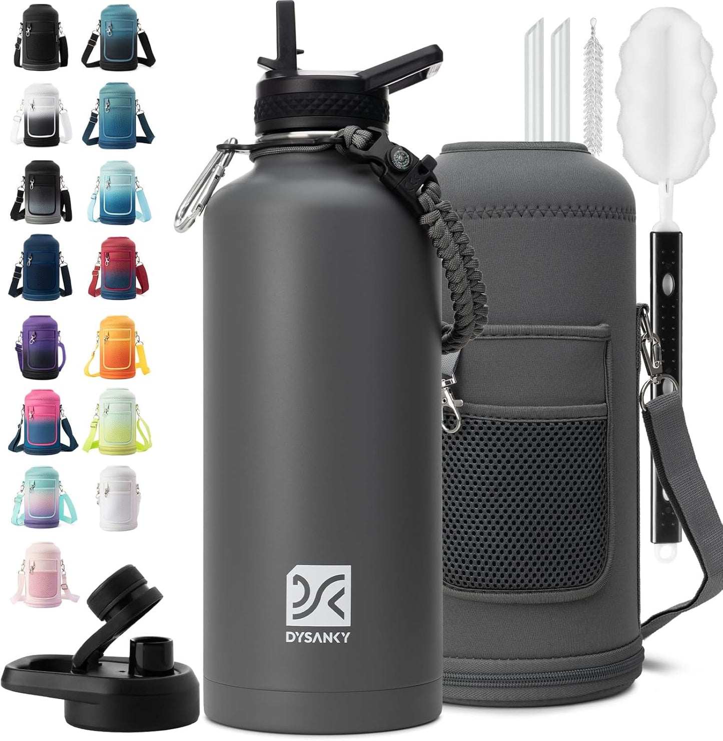 Insulated Water Bottle | Thickened Stainless Steel Vacuum Metal | Portable Sports Half Gallon Large Water Jug for Gym and Hiking with Straw, Carrier Bag, Handle Strap | BPA-Free 64 oz