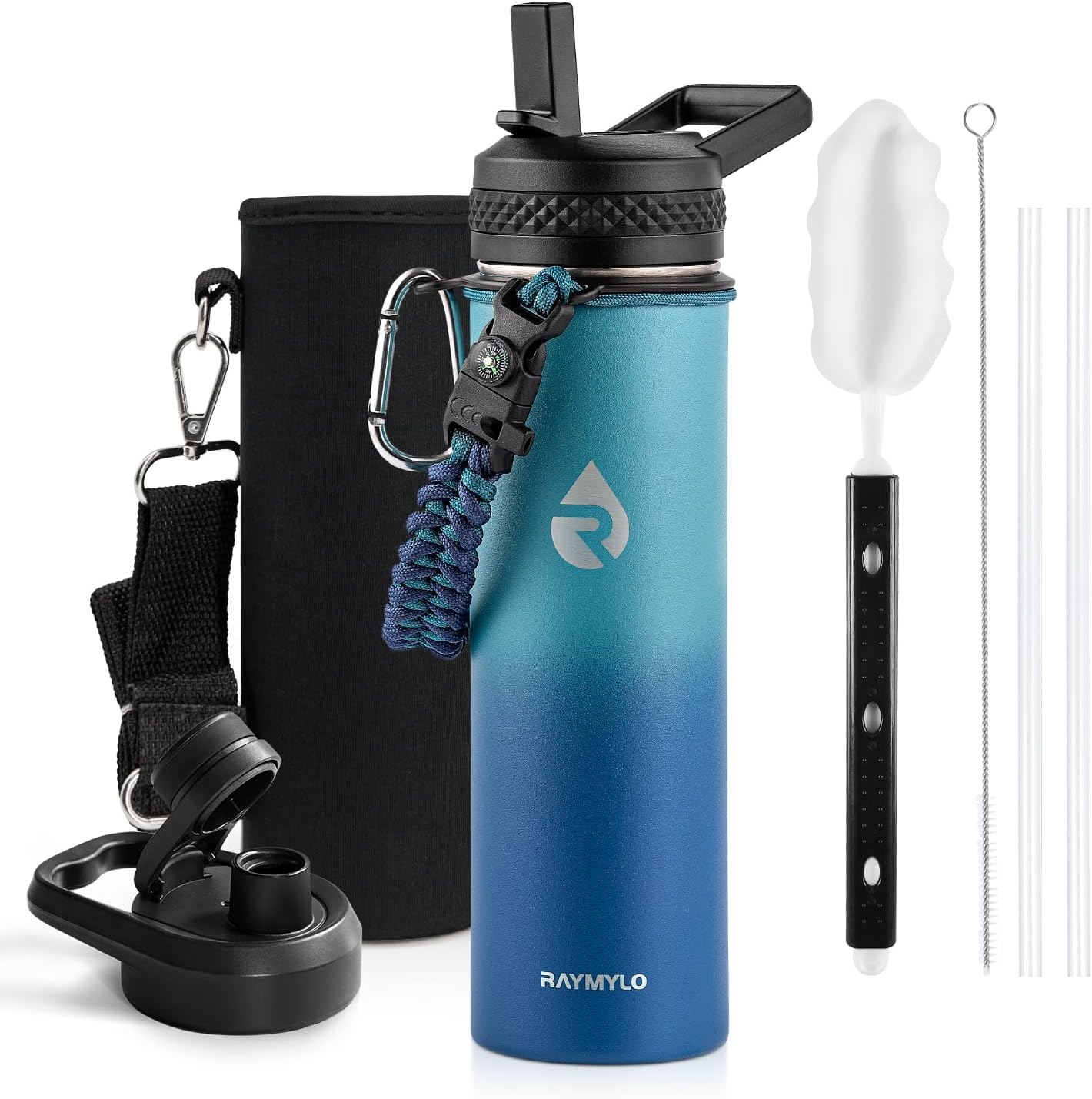 Insulated Water Bottle 40 oz, Triple Wall Vacuum Stainless Steel (Cold for 48 Hrs), Leak Proof & Non-BPA, Modern Water Flask Jug with Paracord Handle & Straw Spout Lids, Indigo/Black