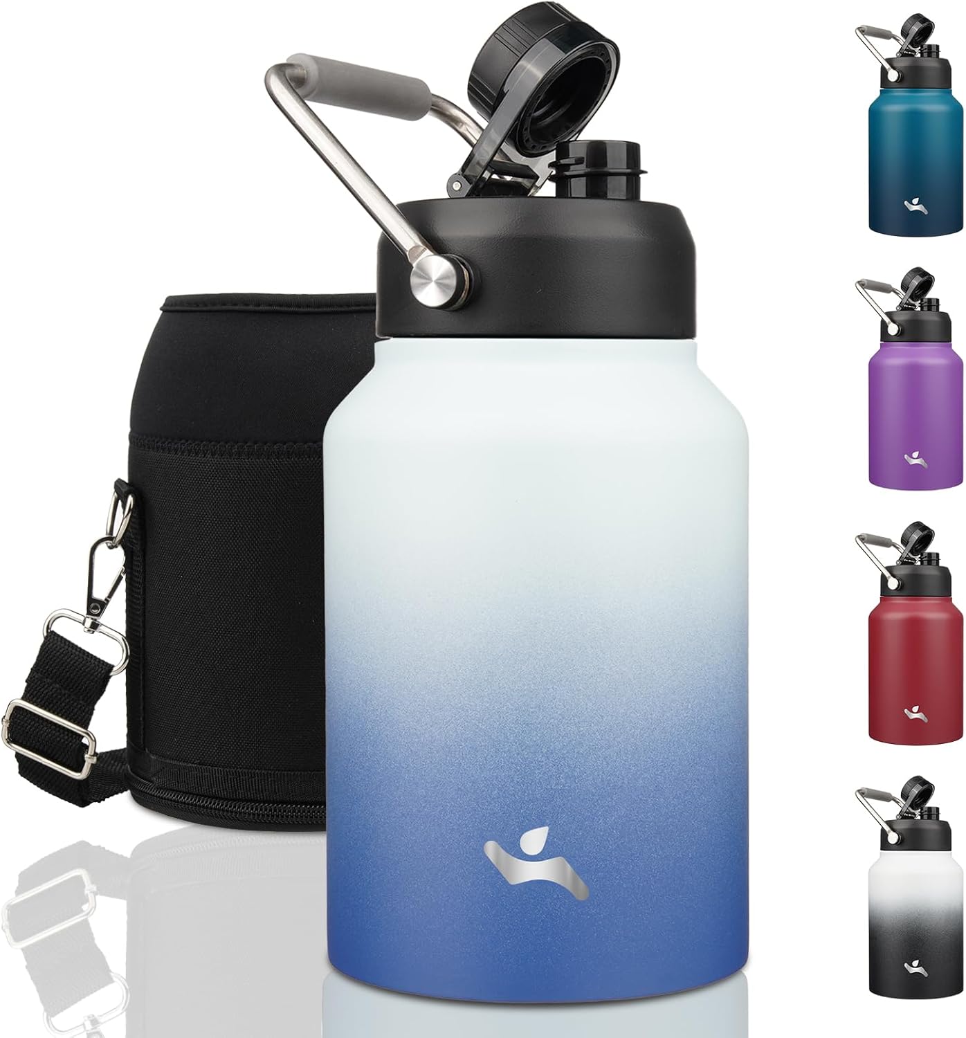 Half Gallon Jug with Handle,64 oz Insulated Water Bottle with Carrying Pouch,Double Wall Vacuum Stainless Steel Metal Bottle,Day Night