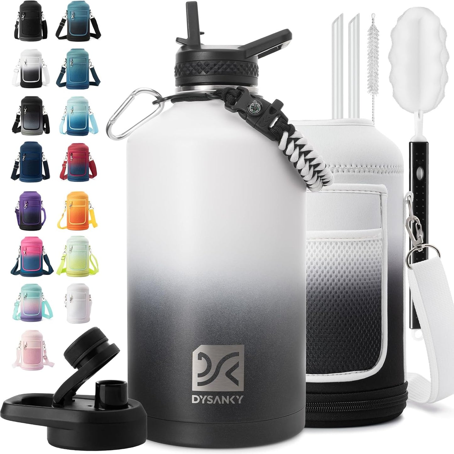Insulated Water Bottle | Thickened Stainless Steel Vacuum Metal | Portable Sports Half Gallon Large Water Jug for Gym and Hiking with Straw, Carrier Bag, Handle Strap | BPA-Free 64 oz