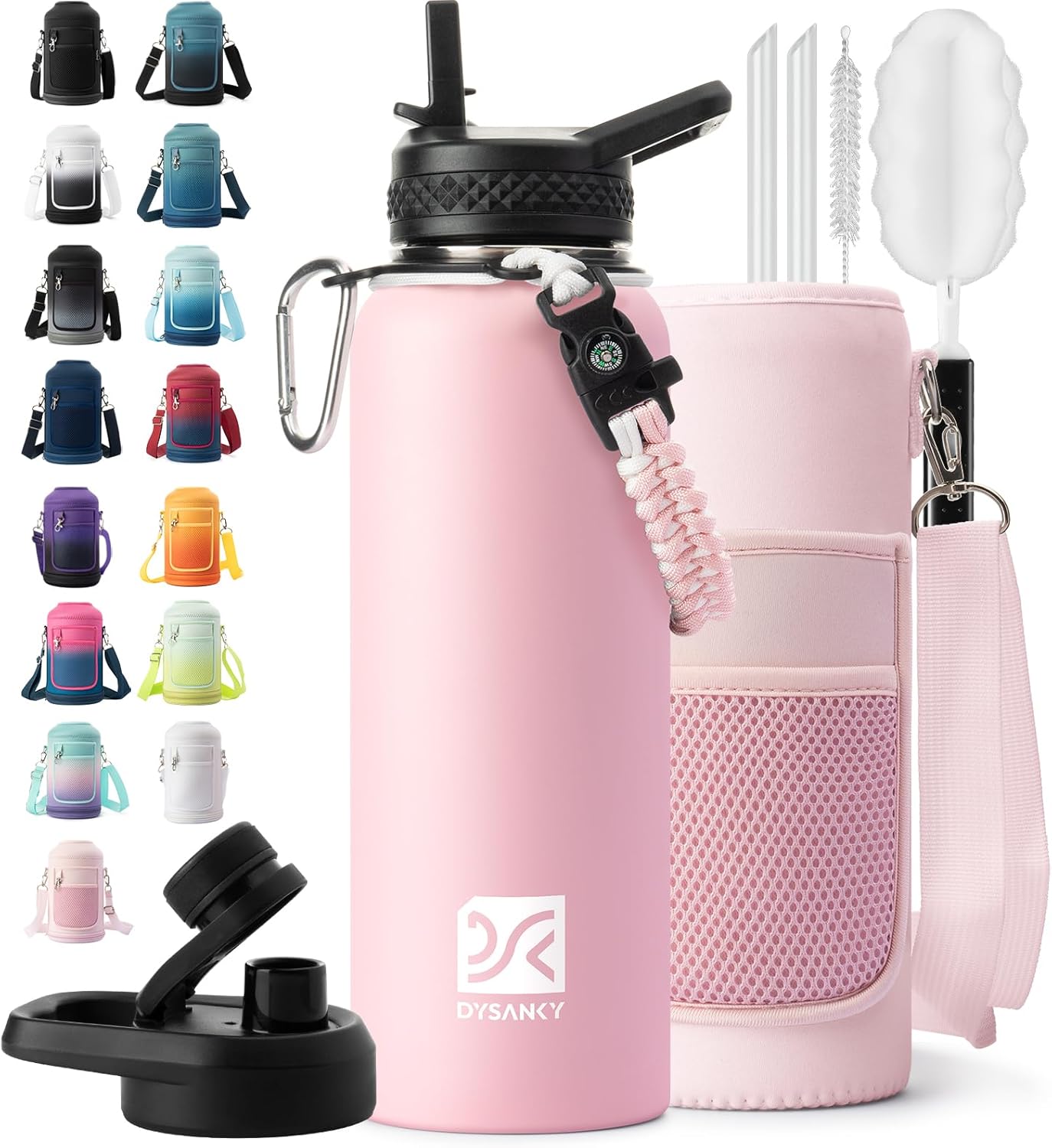 Insulated Water Bottle | Thickened Stainless Steel Vacuum Metal | Portable Sports Half Gallon Large Water Jug for Gym and Hiking with Straw, Carrier Bag, Handle Strap | BPA-Free 64 oz