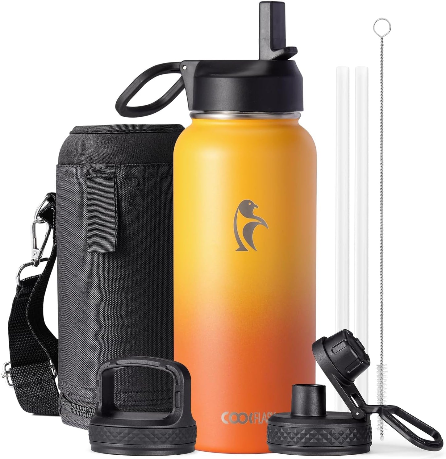 Half Gallon Water Bottle Insulated with Straw & 3 Lids, Coolflask 64 oz Water Jug Large Metal Stainless Steel Wide Mouth for Sports, Gym or Office, Non-BPA Keep Cold 48H Hot 24H, Samurai Cyan