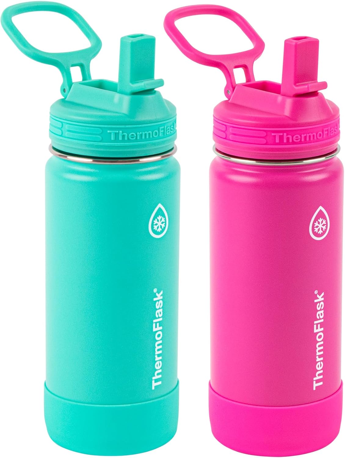 ThermoFlask Kids Bottle with Straw Lid - Durable & Dishwasher-Safe Water Bottles & Lids - Leak-Proof Bottle Lid Design - Reusable Water Bottles for Everyday Use - 16 oz, Red/Blue (2 Pack)