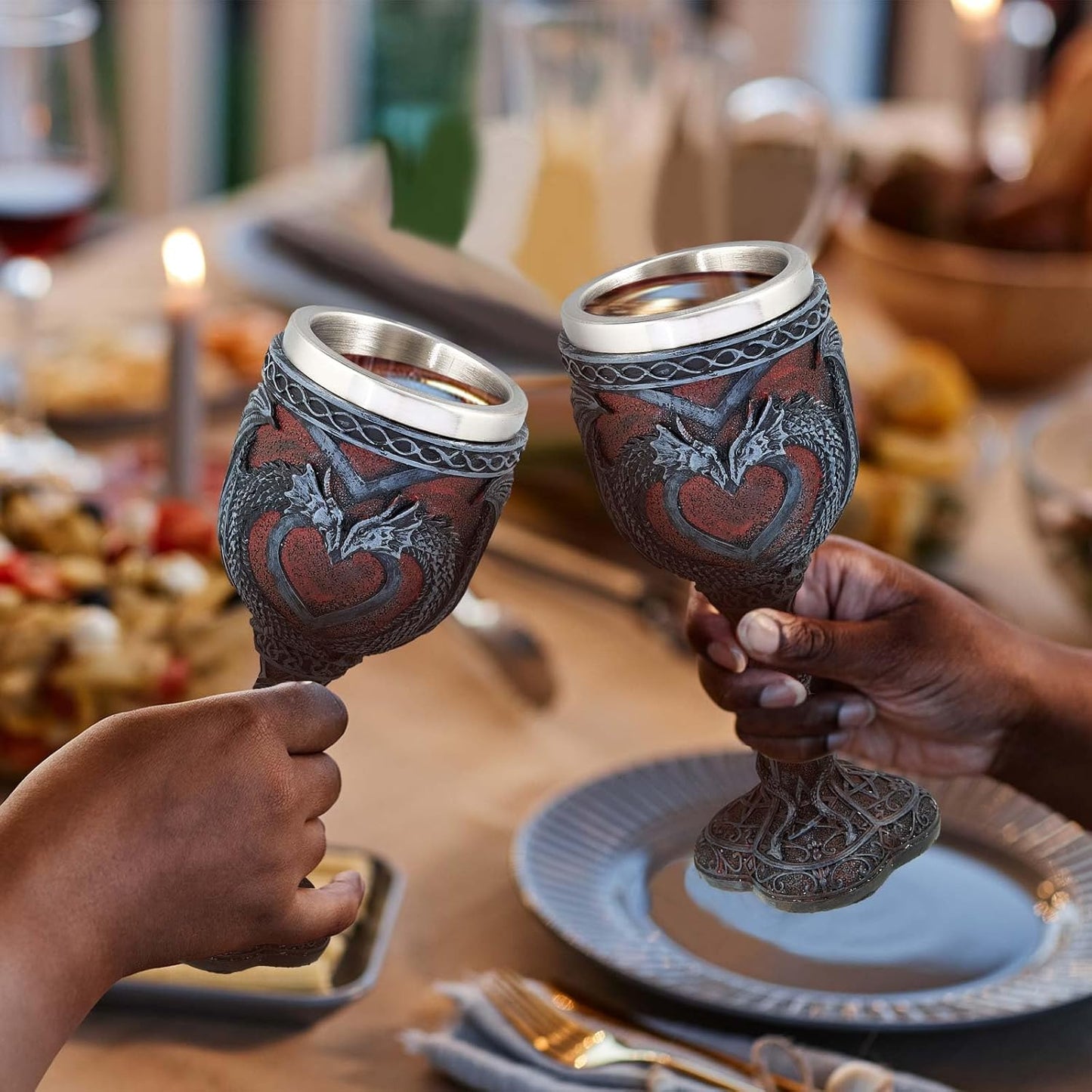 Jinei 2 Pcs Medieval Cups and Goblets Dragon Wine Goblet Chalice Goblet 7 oz Resin Dragon Cup Gothic Wine Glass Romantic Stainless Steel Drinking Cup for Medieval Party Decorations(Classic)