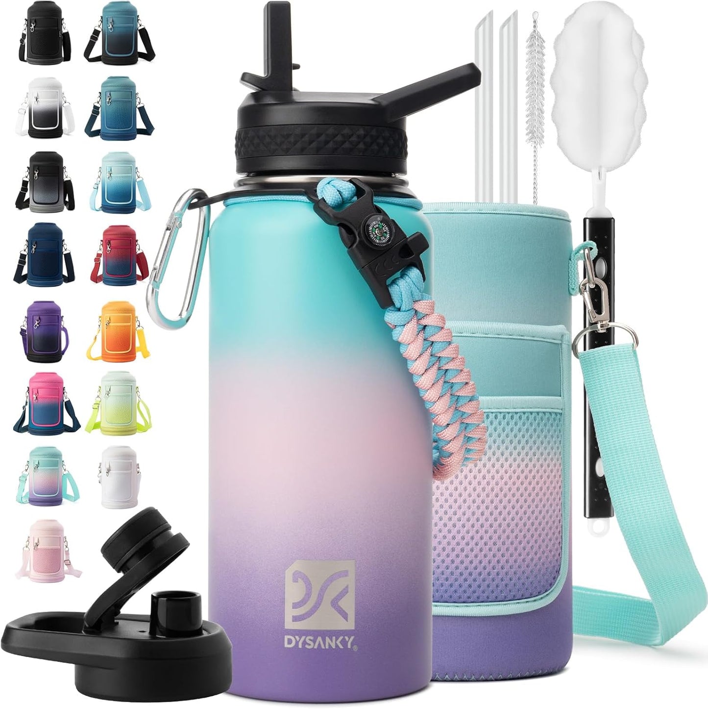 Insulated Water Bottle | Thickened Stainless Steel Vacuum Metal | Portable Sports Half Gallon Large Water Jug for Gym and Hiking with Straw, Carrier Bag, Handle Strap | BPA-Free 64 oz