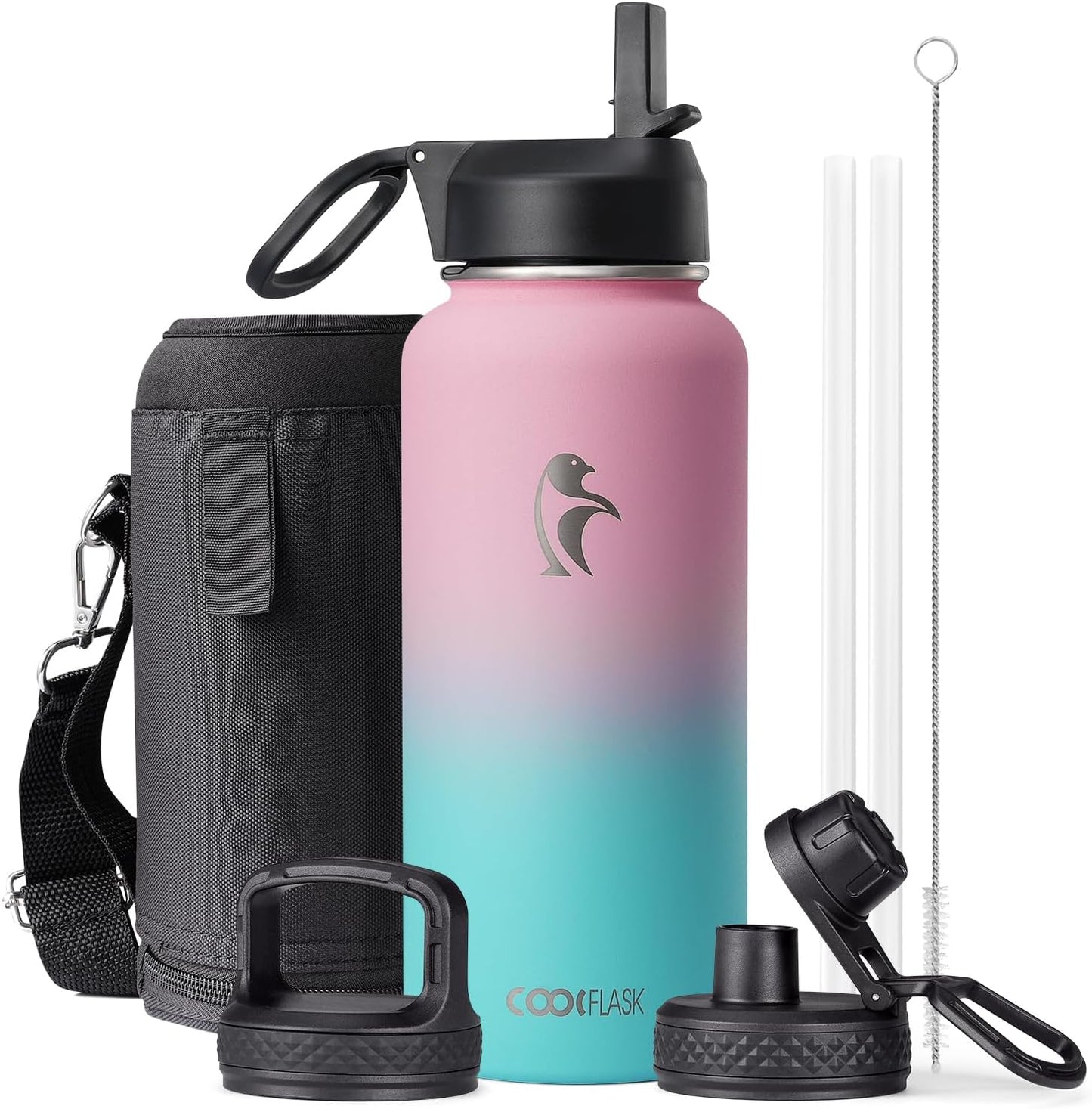 Half Gallon Water Bottle Insulated with Straw & 3 Lids, Coolflask 64 oz Water Jug Large Metal Stainless Steel Wide Mouth for Sports, Gym or Office, Non-BPA Keep Cold 48H Hot 24H, Samurai Cyan