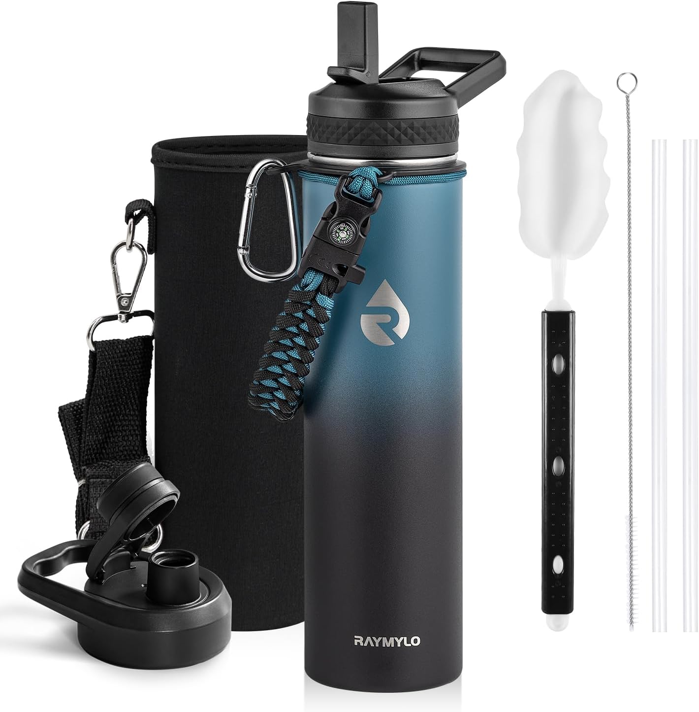 Insulated Water Bottle 40 oz, Triple Wall Vacuum Stainless Steel (Cold for 48 Hrs), Leak Proof & Non-BPA, Modern Water Flask Jug with Paracord Handle & Straw Spout Lids, Indigo/Black