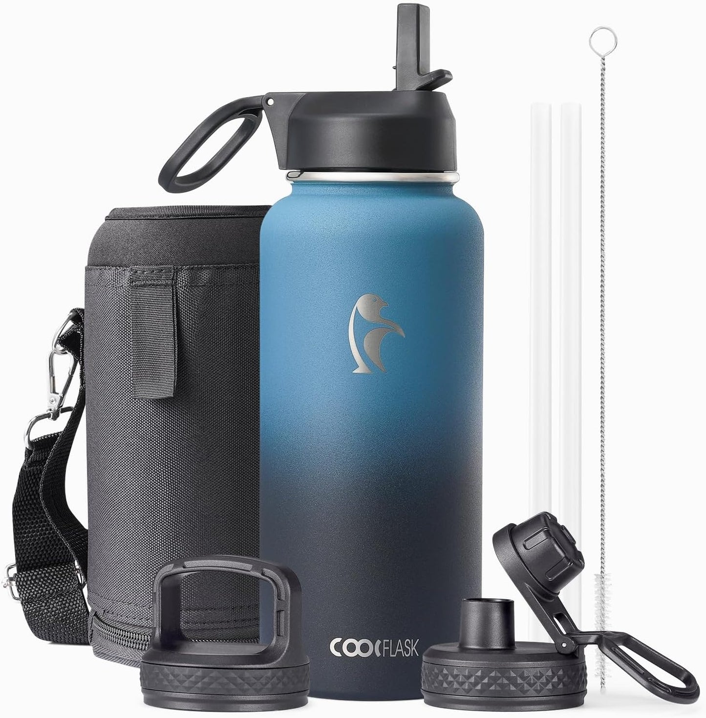 Half Gallon Water Bottle Insulated with Straw & 3 Lids, Coolflask 64 oz Water Jug Large Metal Stainless Steel Wide Mouth for Sports, Gym or Office, Non-BPA Keep Cold 48H Hot 24H, Samurai Cyan