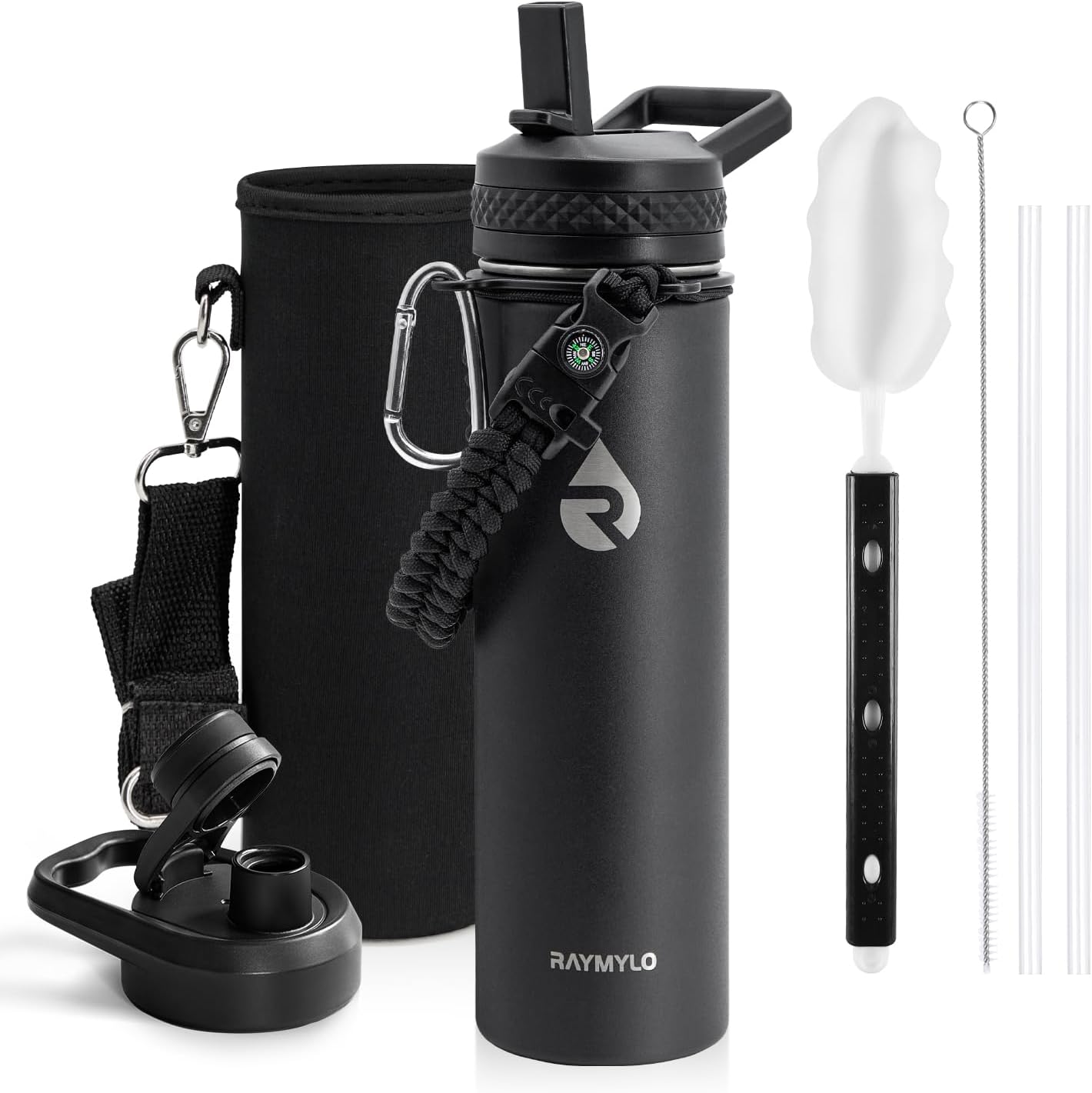 Insulated Water Bottle 40 oz, Triple Wall Vacuum Stainless Steel (Cold for 48 Hrs), Leak Proof & Non-BPA, Modern Water Flask Jug with Paracord Handle & Straw Spout Lids, Indigo/Black