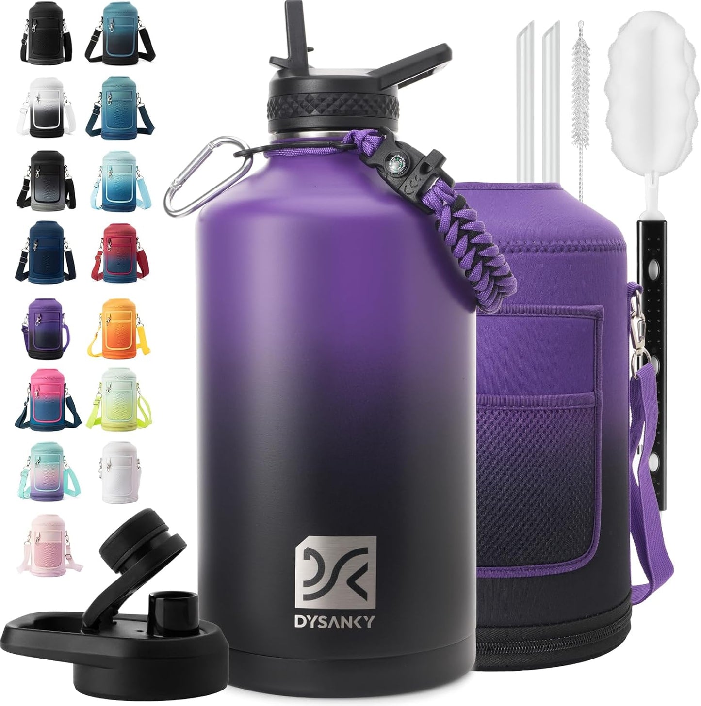 Insulated Water Bottle | Thickened Stainless Steel Vacuum Metal | Portable Sports Half Gallon Large Water Jug for Gym and Hiking with Straw, Carrier Bag, Handle Strap | BPA-Free 64 oz
