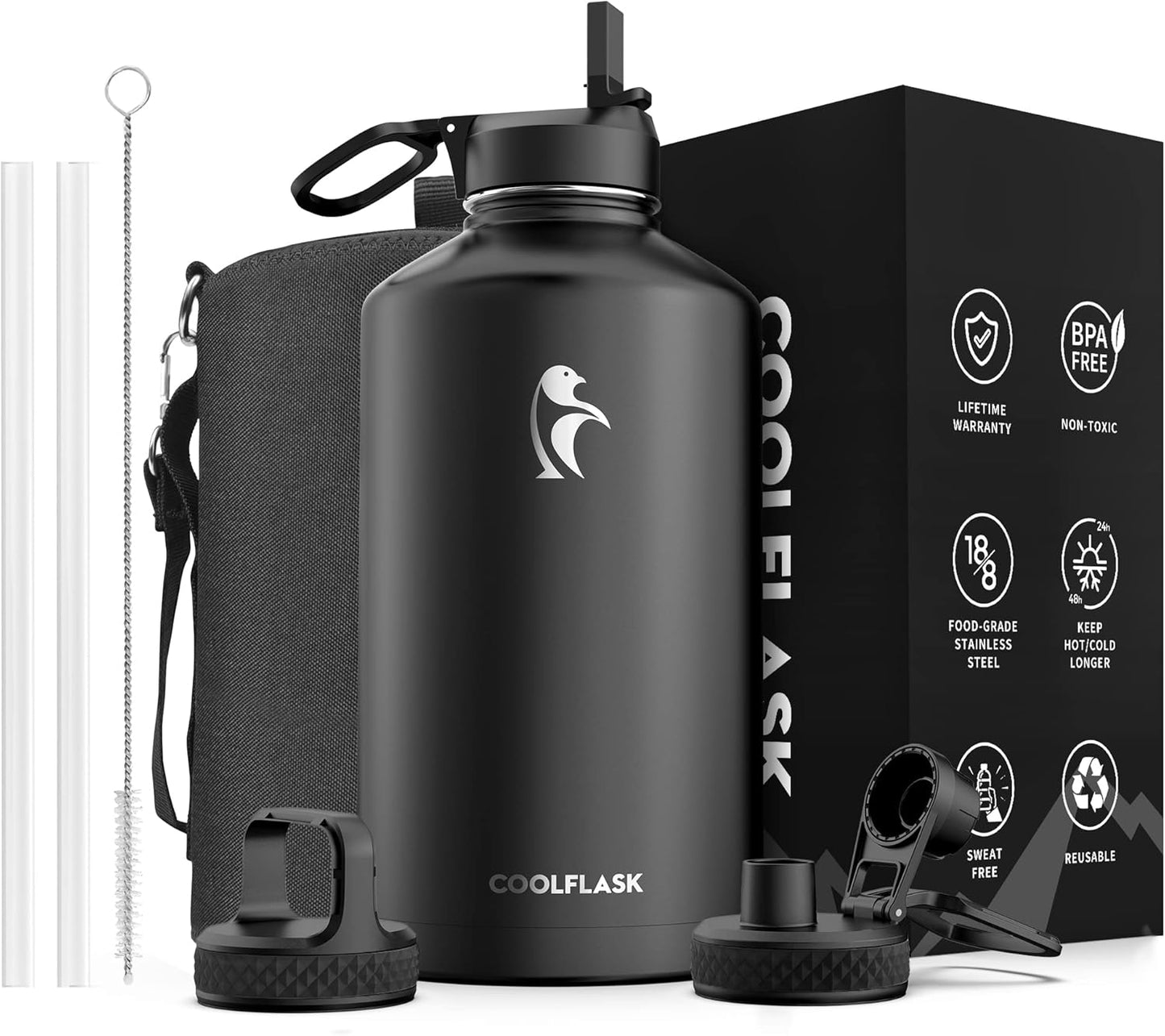 Half Gallon Water Bottle Insulated with Straw & 3 Lids, Coolflask 64 oz Water Jug Large Metal Stainless Steel Wide Mouth for Sports, Gym or Office, Non-BPA Keep Cold 48H Hot 24H, Samurai Cyan