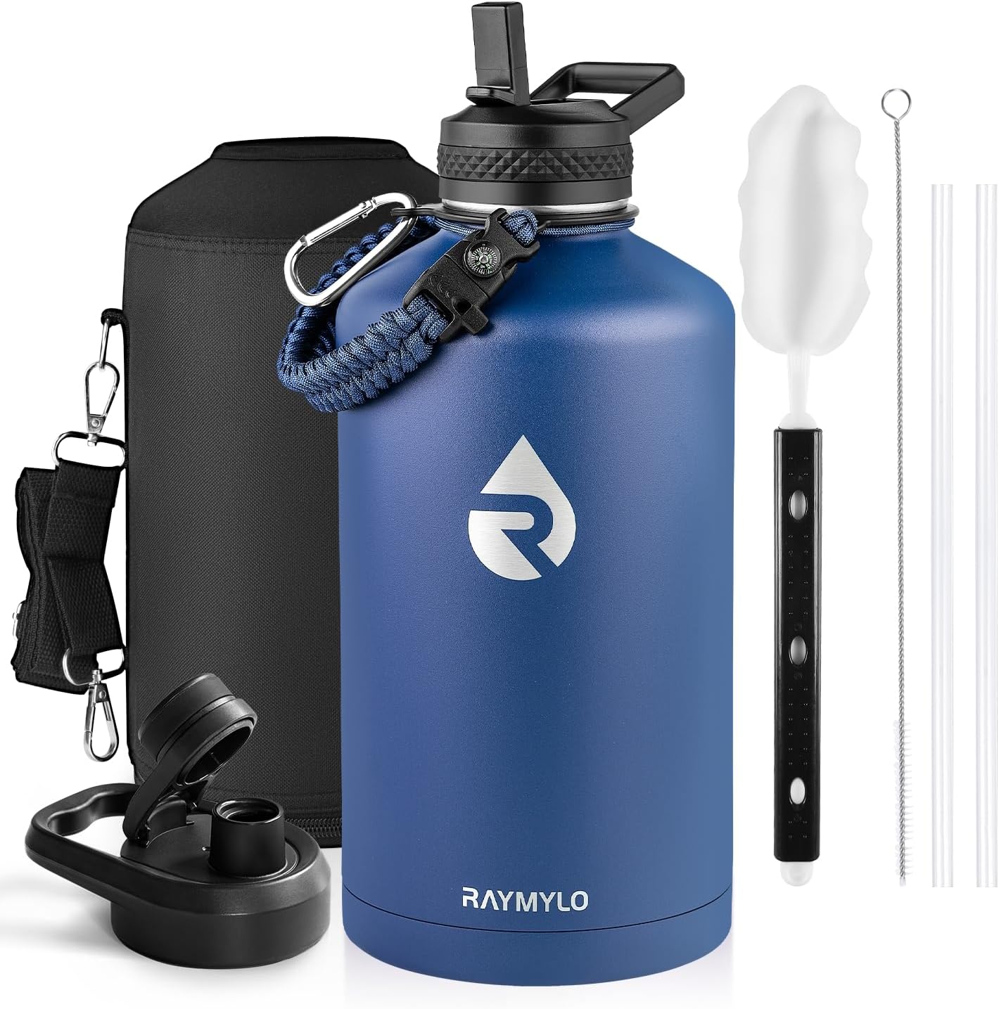 Insulated Water Bottle 40 oz, Triple Wall Vacuum Stainless Steel (Cold for 48 Hrs), Leak Proof & Non-BPA, Modern Water Flask Jug with Paracord Handle & Straw Spout Lids, Indigo/Black