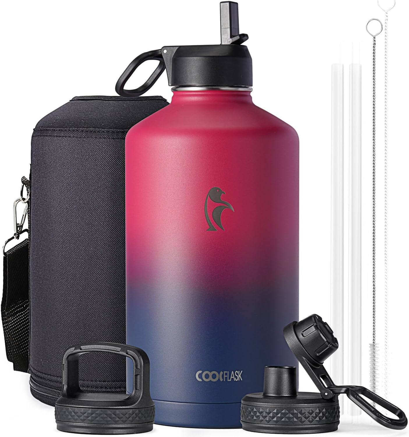 Half Gallon Water Bottle Insulated with Straw & 3 Lids, Coolflask 64 oz Water Jug Large Metal Stainless Steel Wide Mouth for Sports, Gym or Office, Non-BPA Keep Cold 48H Hot 24H, Samurai Cyan