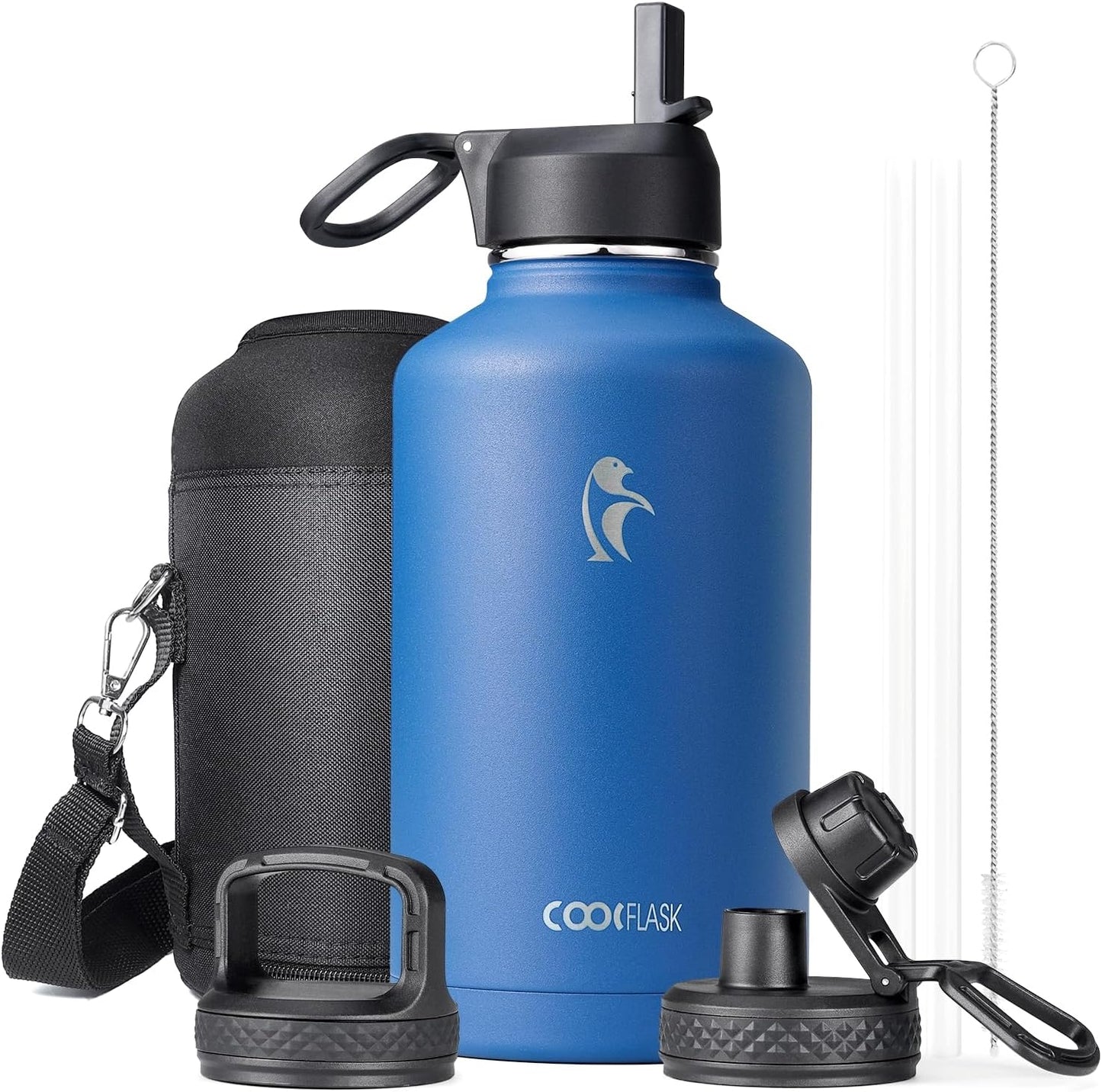 Half Gallon Water Bottle Insulated with Straw & 3 Lids, Coolflask 64 oz Water Jug Large Metal Stainless Steel Wide Mouth for Sports, Gym or Office, Non-BPA Keep Cold 48H Hot 24H, Samurai Cyan
