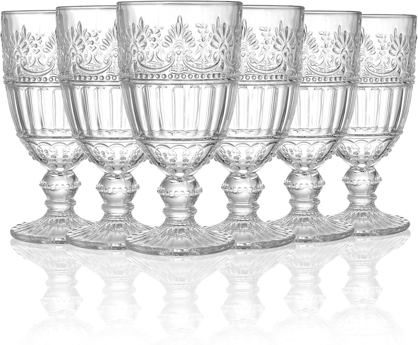 AVLA 6 Pack Glass Goblet, 12 OZ Vintage Wine Glassware, Romantic Wedding Glass Set, Drinking Stemware Beverage Cups for Party, Bar, Champagne, Juice, Beer, Cocktail, Embossed Design