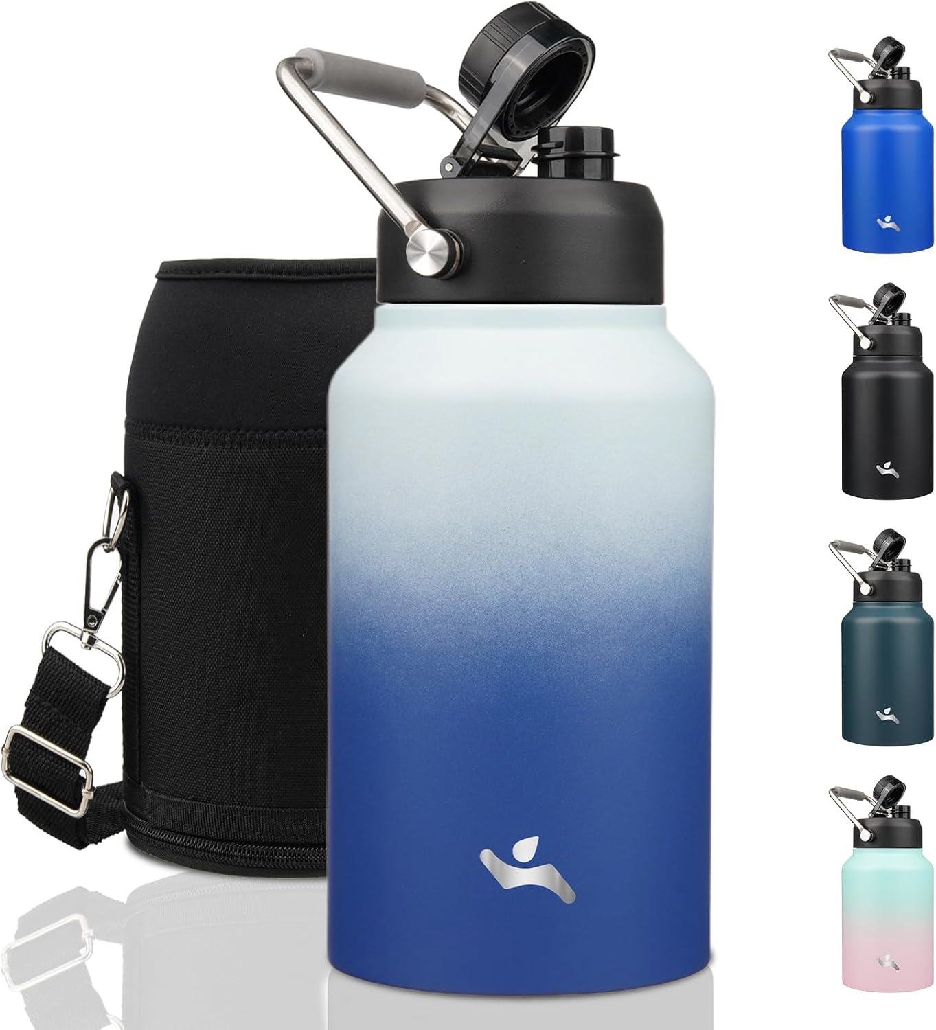 Half Gallon Jug with Handle,64 oz Insulated Water Bottle with Carrying Pouch,Double Wall Vacuum Stainless Steel Metal Bottle,Day Night
