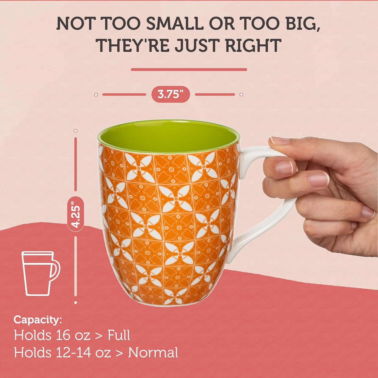 Annovero Large Coffee Mug Set of 6 - Porcelain Cups for Women or Men - Microwave & Dishwasher Safe, Chip Resistant, Zero Lead & Cadmium, for Tea, Cocoa, or Hot Chocolate, 16 Fluid Ounce Capacity