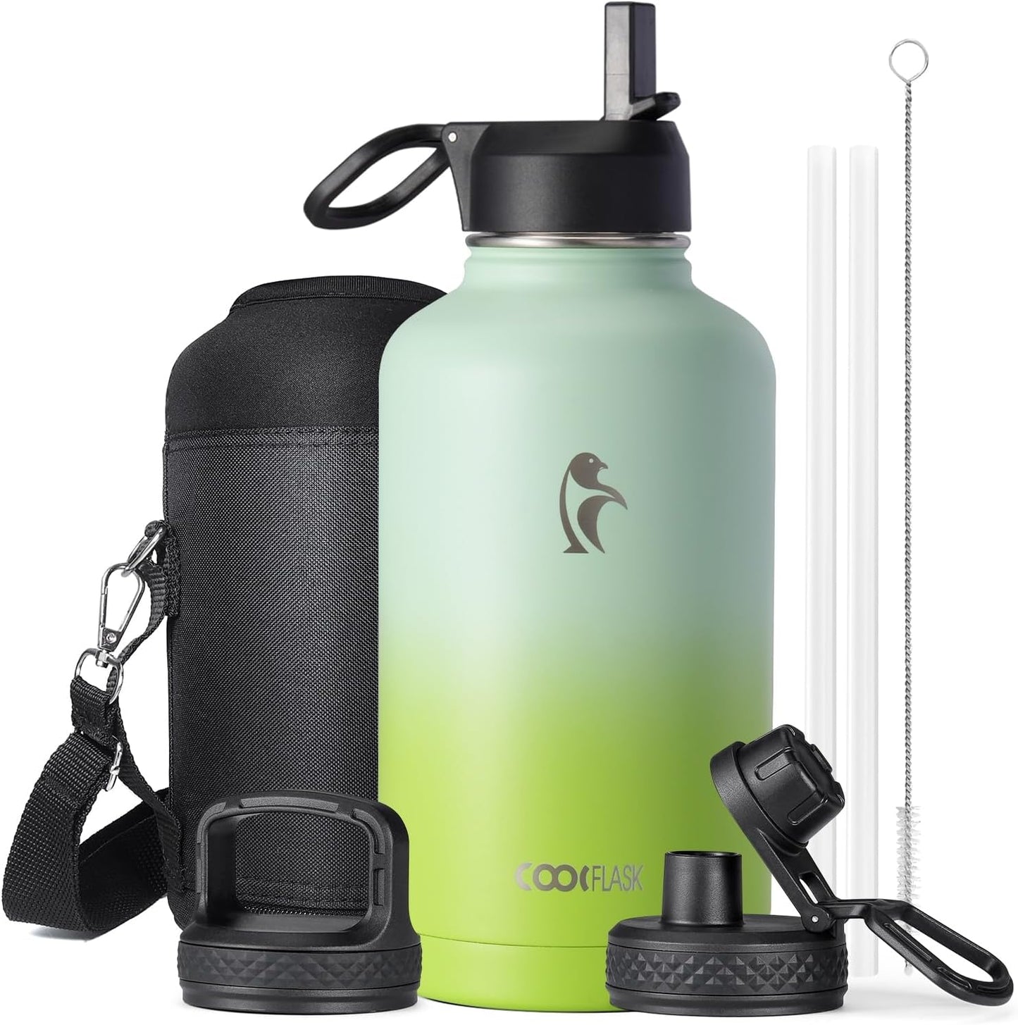 Half Gallon Water Bottle Insulated with Straw & 3 Lids, Coolflask 64 oz Water Jug Large Metal Stainless Steel Wide Mouth for Sports, Gym or Office, Non-BPA Keep Cold 48H Hot 24H, Samurai Cyan