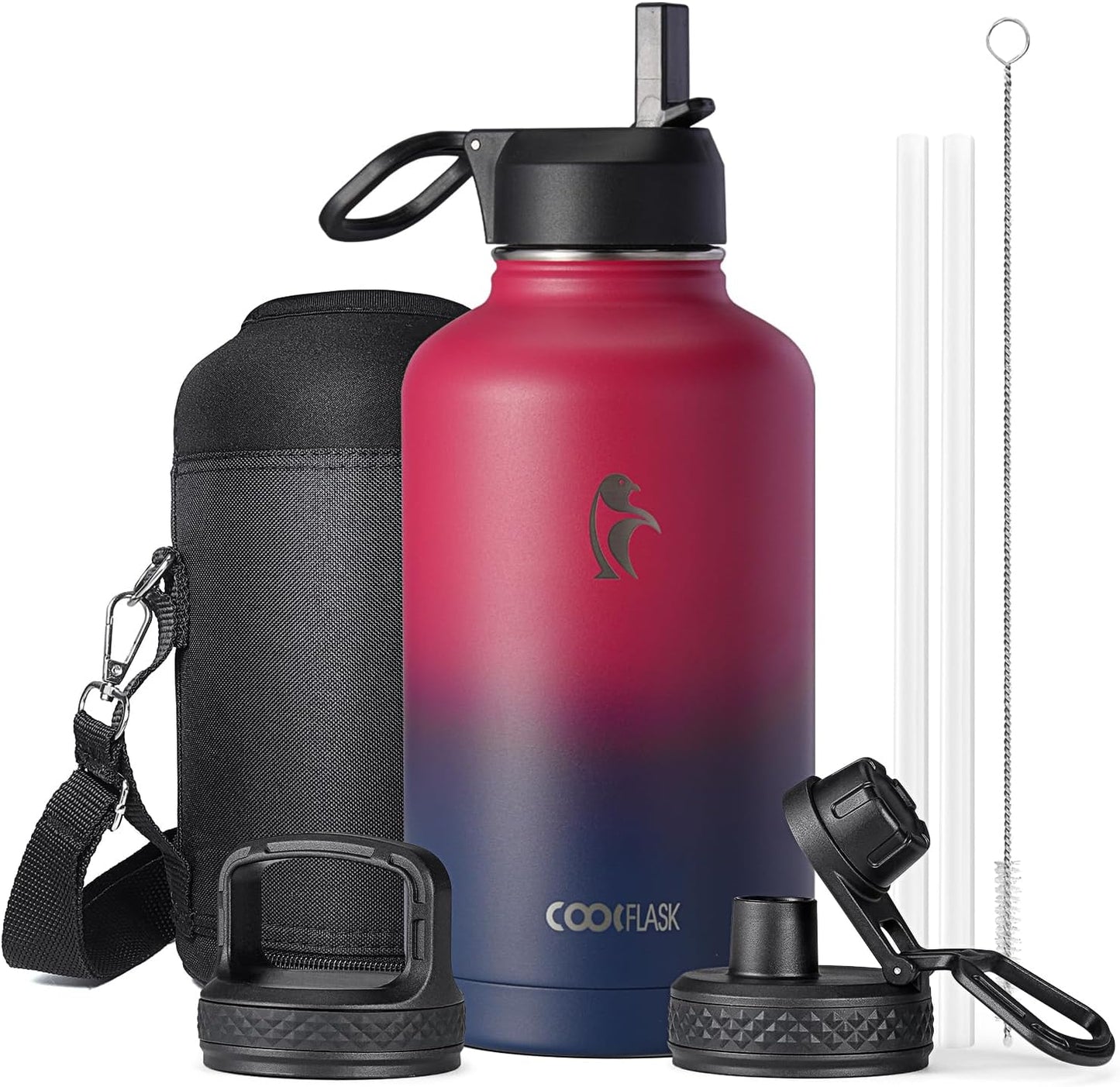 Half Gallon Water Bottle Insulated with Straw & 3 Lids, Coolflask 64 oz Water Jug Large Metal Stainless Steel Wide Mouth for Sports, Gym or Office, Non-BPA Keep Cold 48H Hot 24H, Samurai Cyan