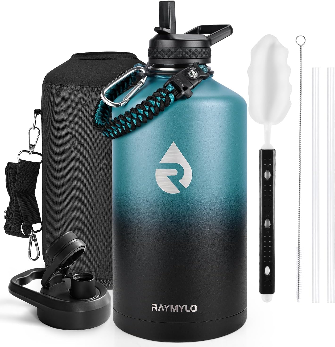 Insulated Water Bottle 40 oz, Triple Wall Vacuum Stainless Steel (Cold for 48 Hrs), Leak Proof & Non-BPA, Modern Water Flask Jug with Paracord Handle & Straw Spout Lids, Indigo/Black
