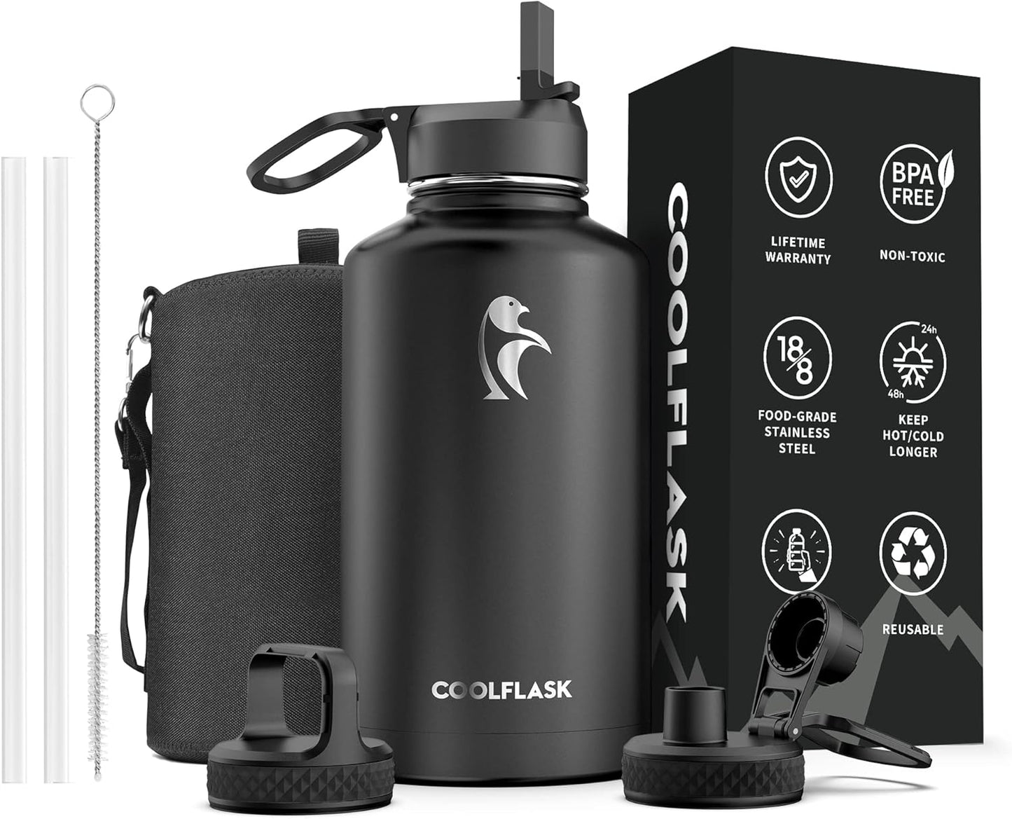 Half Gallon Water Bottle Insulated with Straw & 3 Lids, Coolflask 64 oz Water Jug Large Metal Stainless Steel Wide Mouth for Sports, Gym or Office, Non-BPA Keep Cold 48H Hot 24H, Samurai Cyan