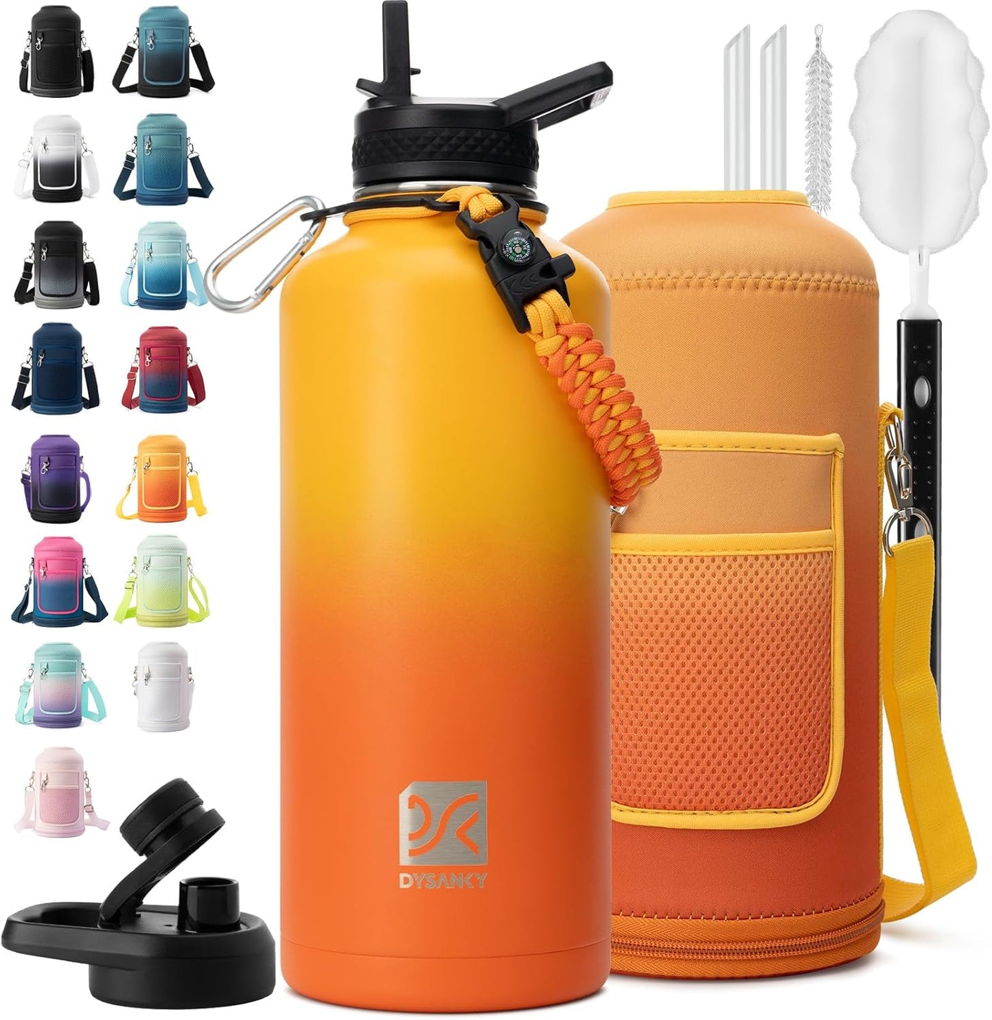 Insulated Water Bottle | Thickened Stainless Steel Vacuum Metal | Portable Sports Half Gallon Large Water Jug for Gym and Hiking with Straw, Carrier Bag, Handle Strap | BPA-Free 64 oz