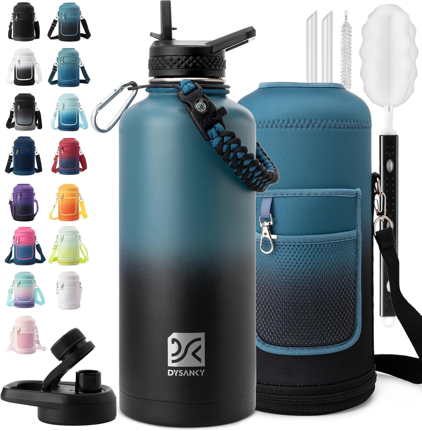 Insulated Water Bottle | Thickened Stainless Steel Vacuum Metal | Portable Sports Half Gallon Large Water Jug for Gym and Hiking with Straw, Carrier Bag, Handle Strap | BPA-Free 64 oz