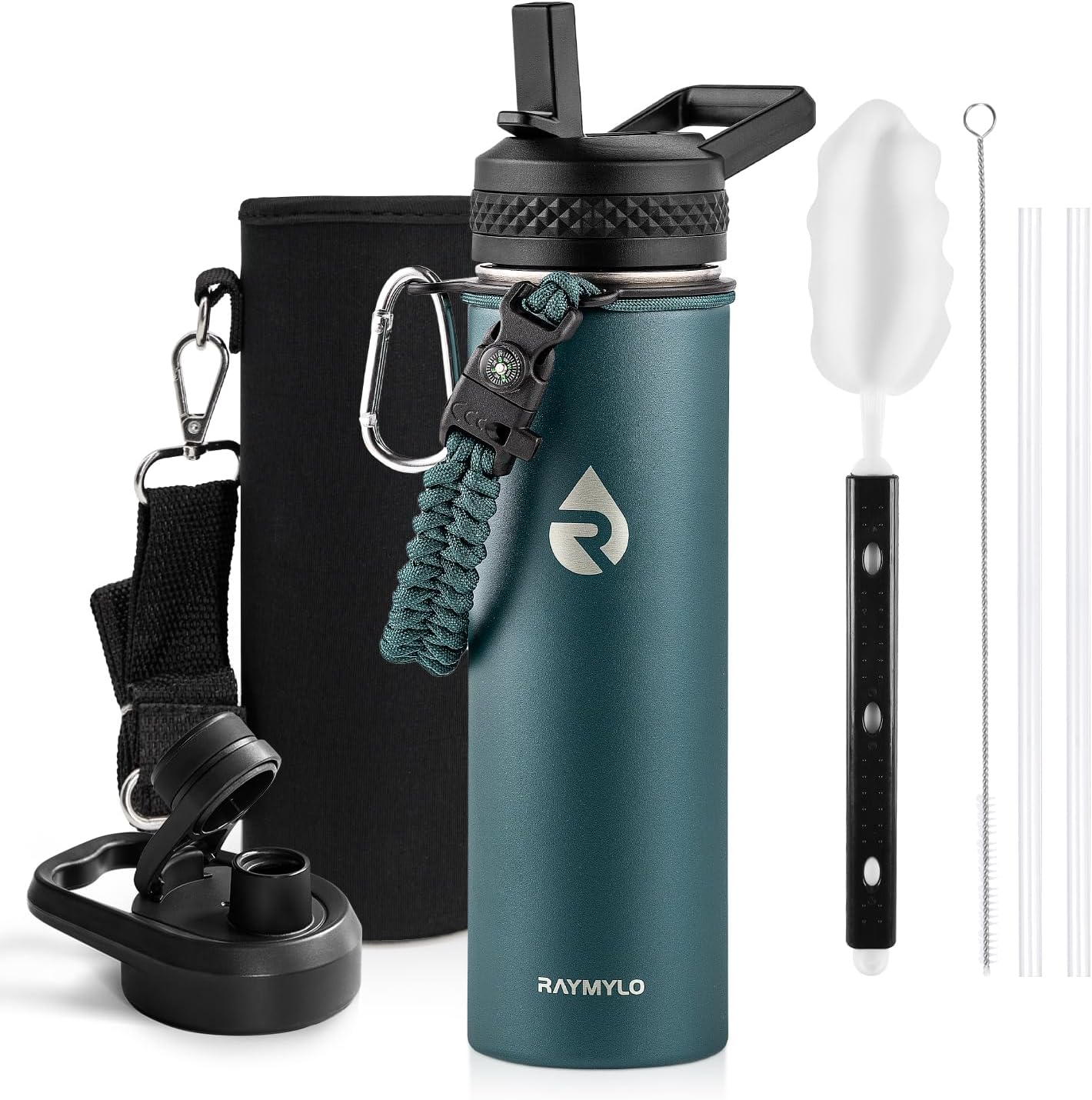 Insulated Water Bottle 40 oz, Triple Wall Vacuum Stainless Steel (Cold for 48 Hrs), Leak Proof & Non-BPA, Modern Water Flask Jug with Paracord Handle & Straw Spout Lids, Indigo/Black