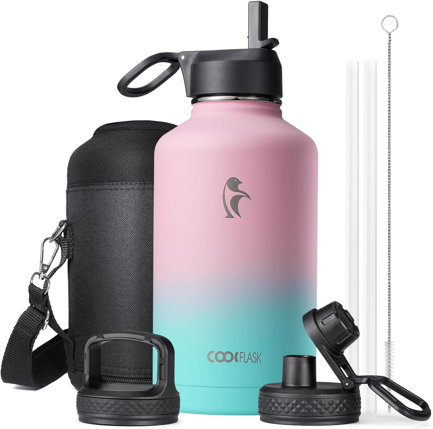 Half Gallon Water Bottle Insulated with Straw & 3 Lids, Coolflask 64 oz Water Jug Large Metal Stainless Steel Wide Mouth for Sports, Gym or Office, Non-BPA Keep Cold 48H Hot 24H, Samurai Cyan