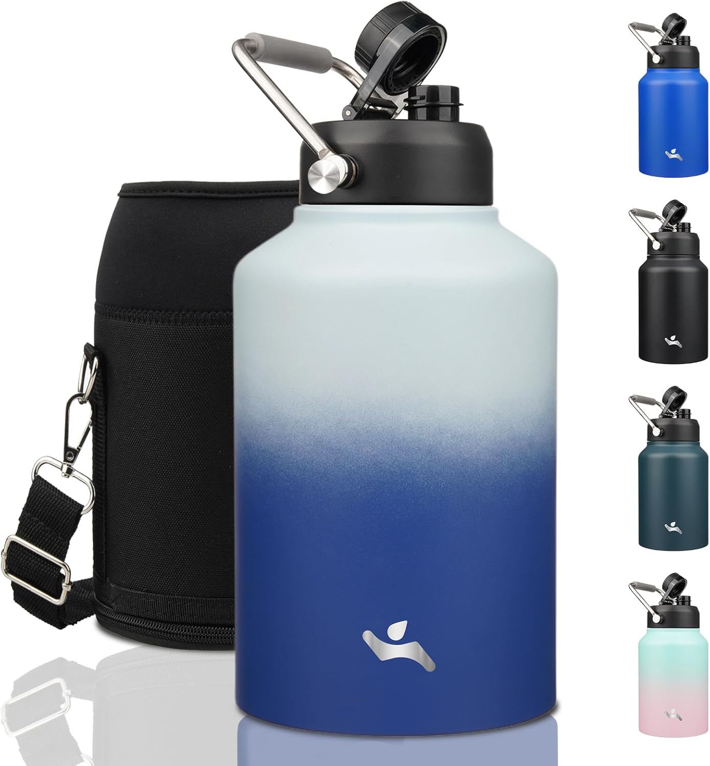 Half Gallon Jug with Handle,64 oz Insulated Water Bottle with Carrying Pouch,Double Wall Vacuum Stainless Steel Metal Bottle,Day Night