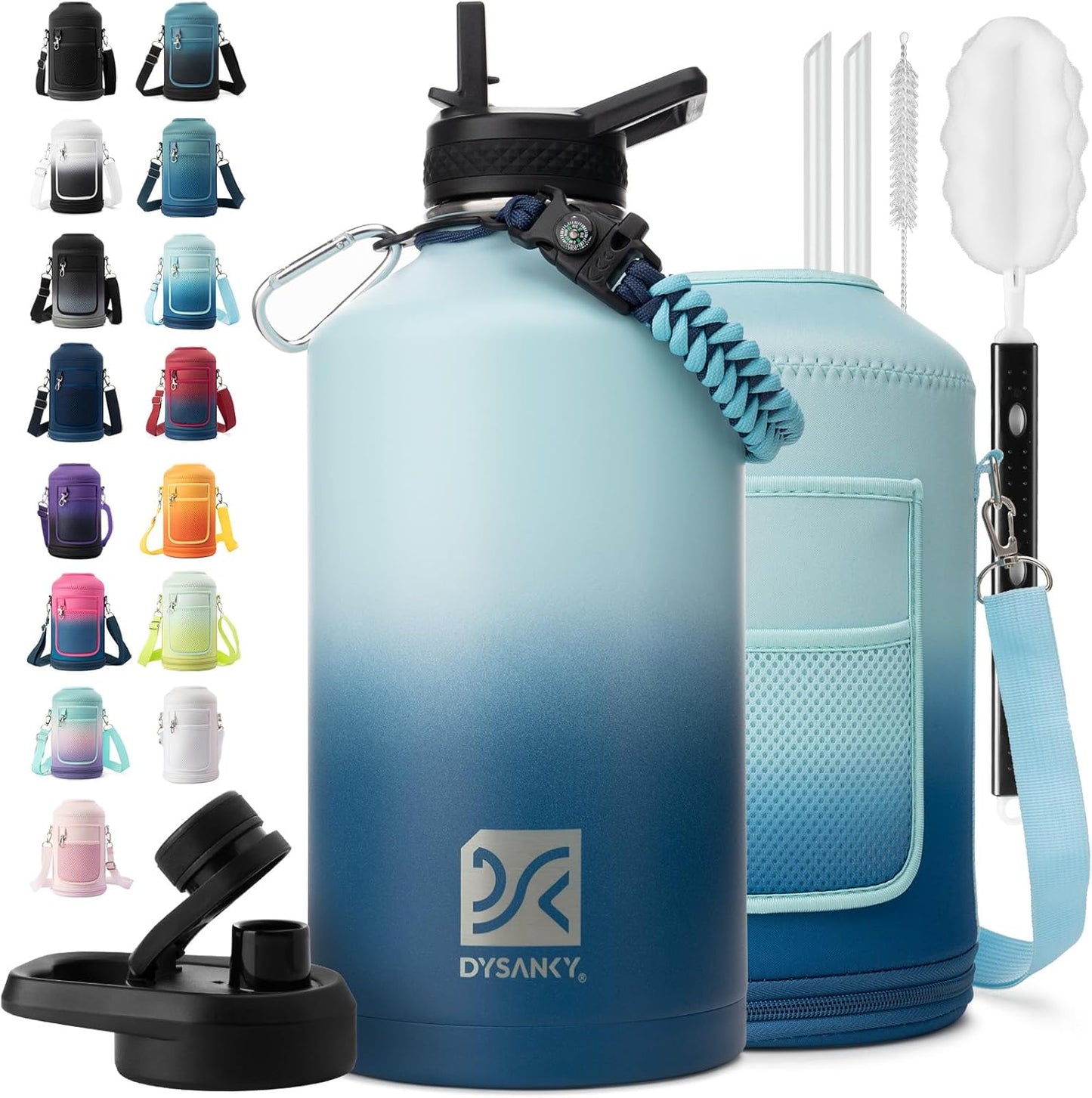 Insulated Water Bottle | Thickened Stainless Steel Vacuum Metal | Portable Sports Half Gallon Large Water Jug for Gym and Hiking with Straw, Carrier Bag, Handle Strap | BPA-Free 64 oz